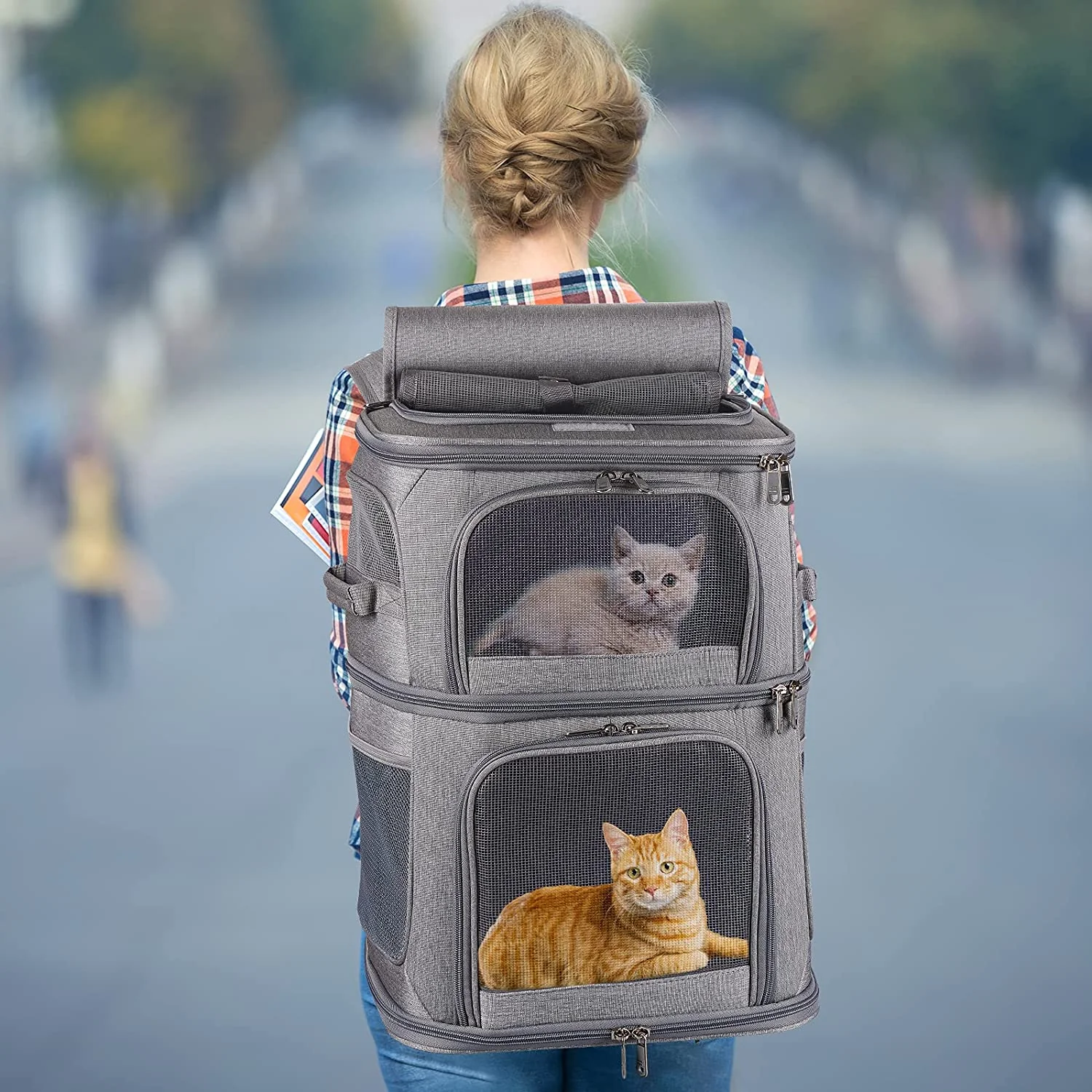 2-In-1 Double Pet Cat Carrier Backpack - Portable Travel - Gray - Used - Image 6