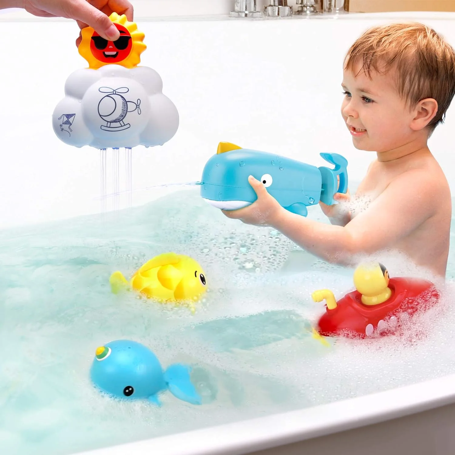 5PCS Baby Bath Toys Set Water Spray Sprinkler - Whales Fish Submarine Cloud - New - Image 3