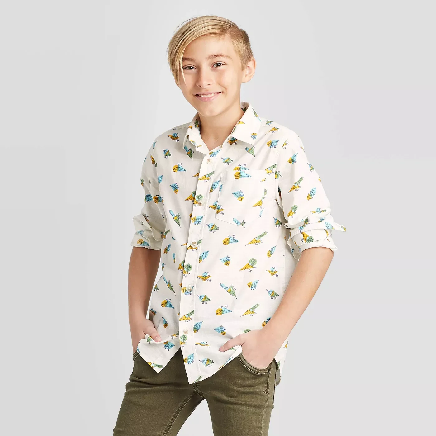 Cat & Jack Boys' Long Sleeve Dino Print Button-Down Shirt - Almond Cream - Size: XLarge - New