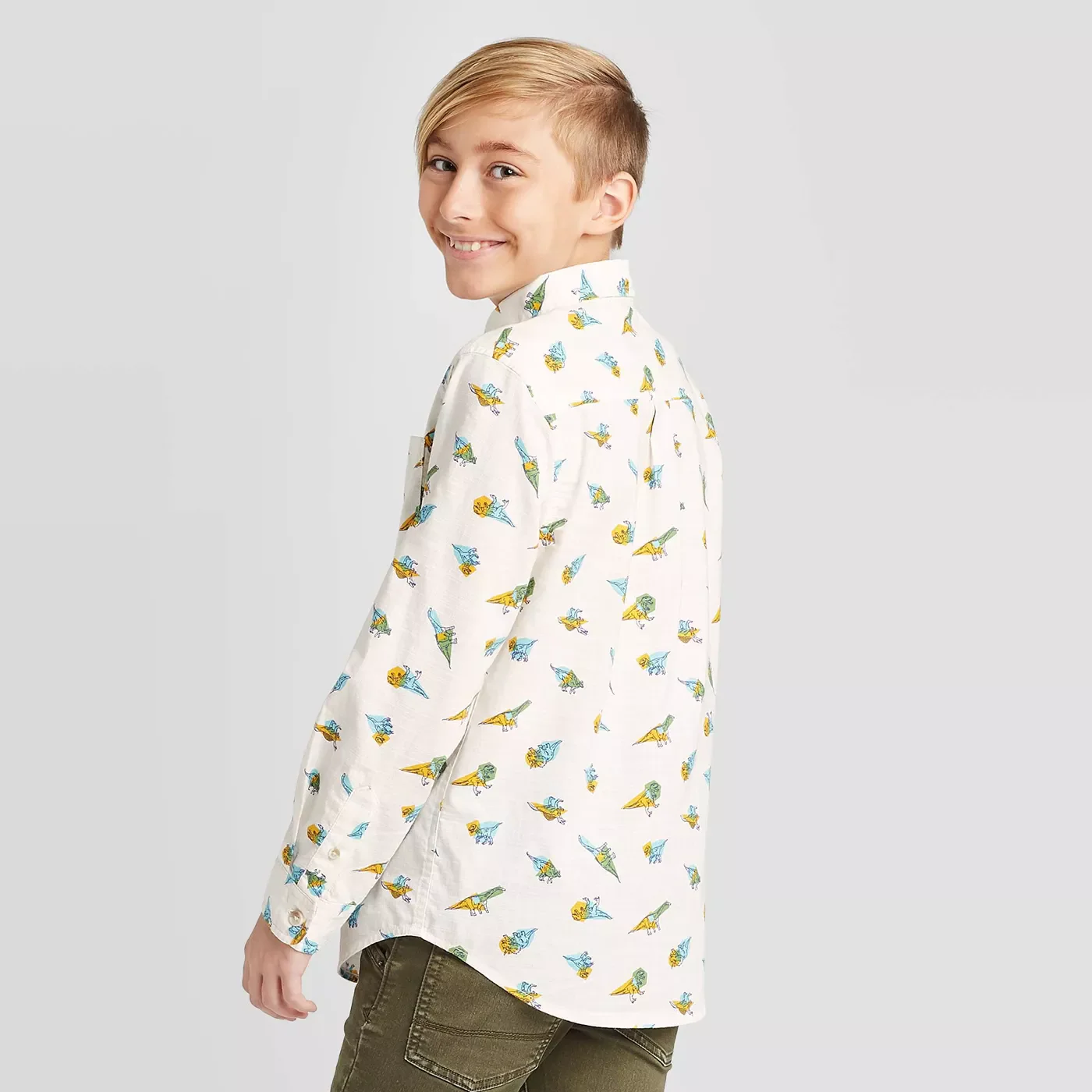 Cat & Jack Boys' Long Sleeve Dino Print Button-Down Shirt - Almond Cream - Size: XS - New - Image 2