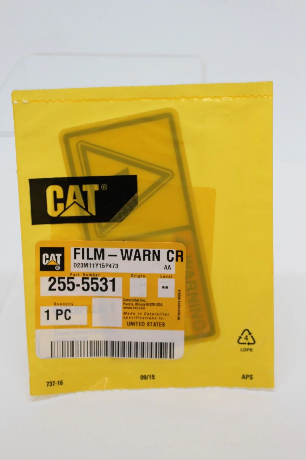 Caterpillar Warning Crush 255-5531, Film-Warn Cr, 7690-01-610-2876, New - Image 2
