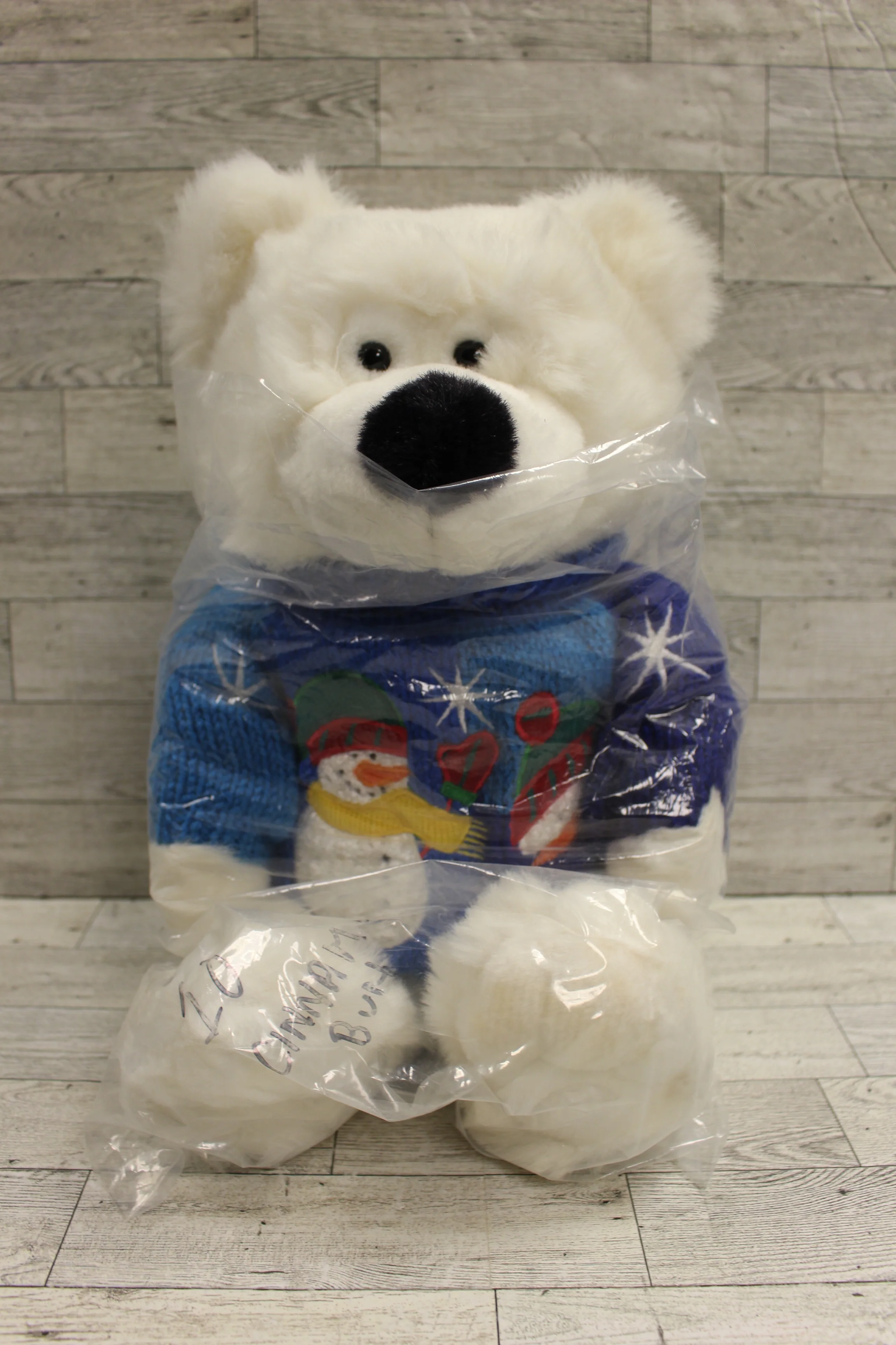 Christmas Plush Bear with Snowman Sweater - 13" Tall - Used