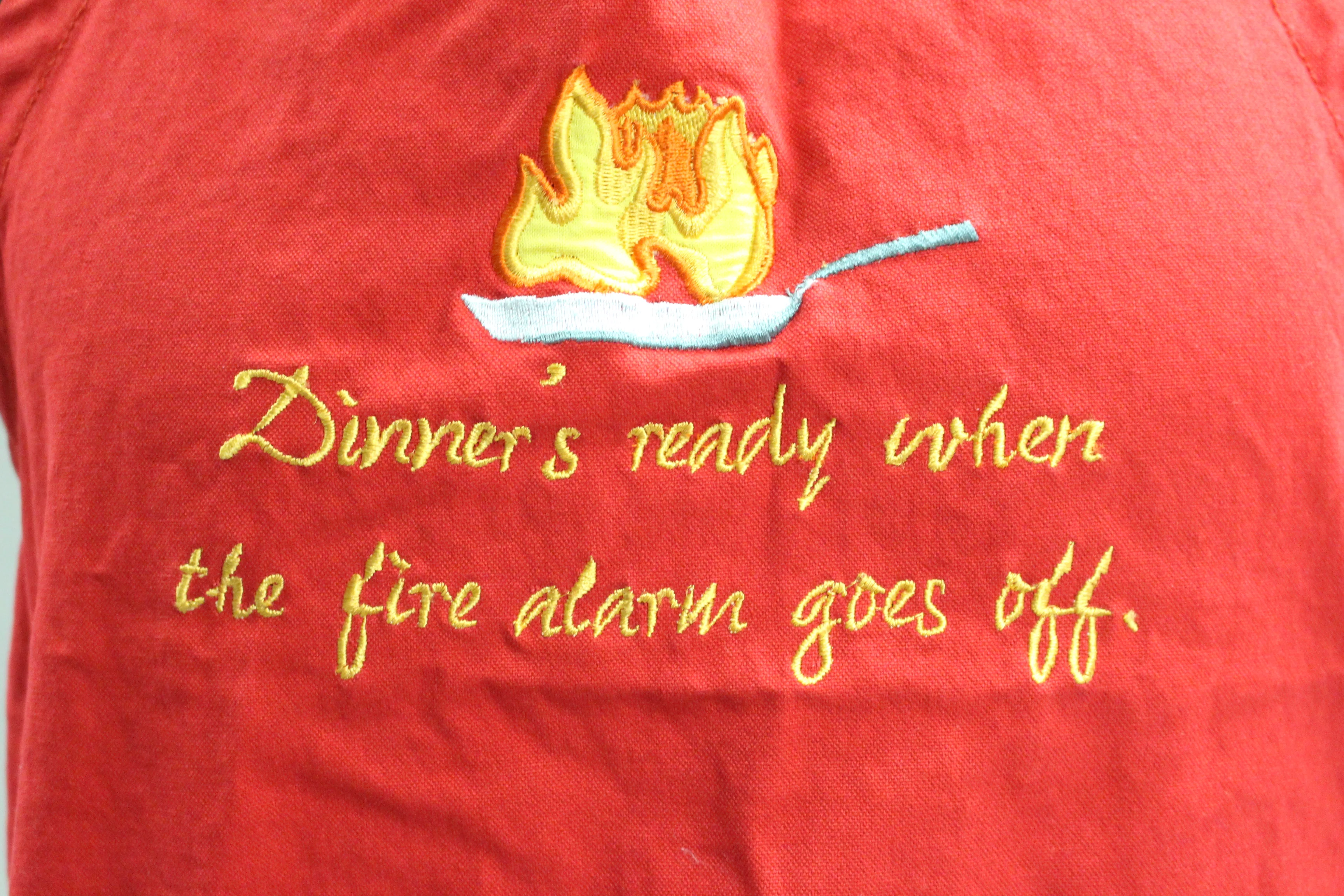 "Dinner's Ready When the Fire Alarm Goes Off" Apron - Red - Used - Image 2