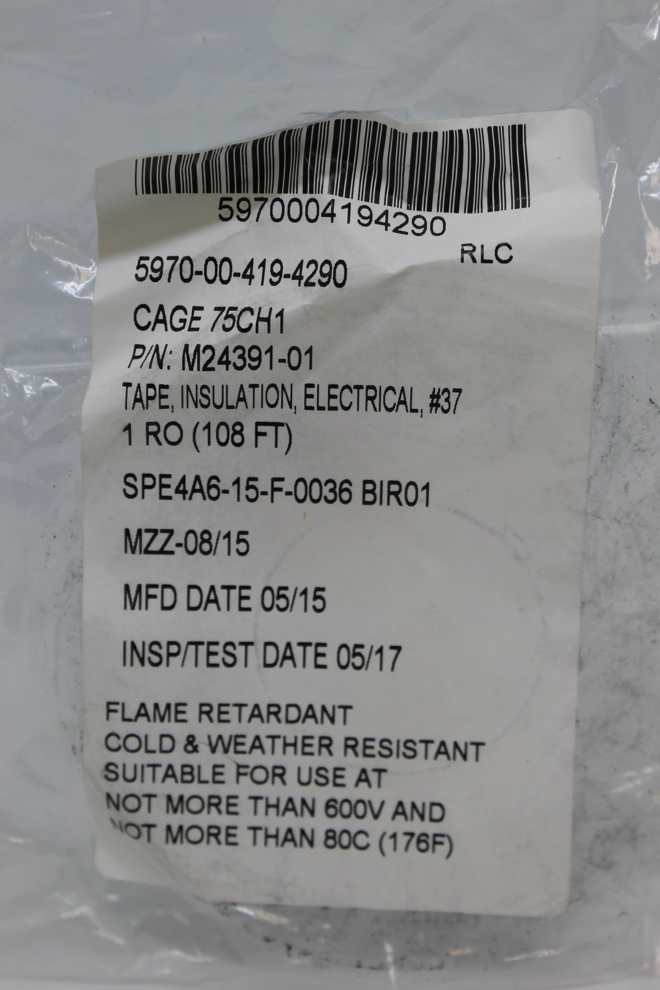 Electrical Flame Retardant Insulation Tape #37, 5970-00-419-4290, P/N M24391-01, New! - Image 4