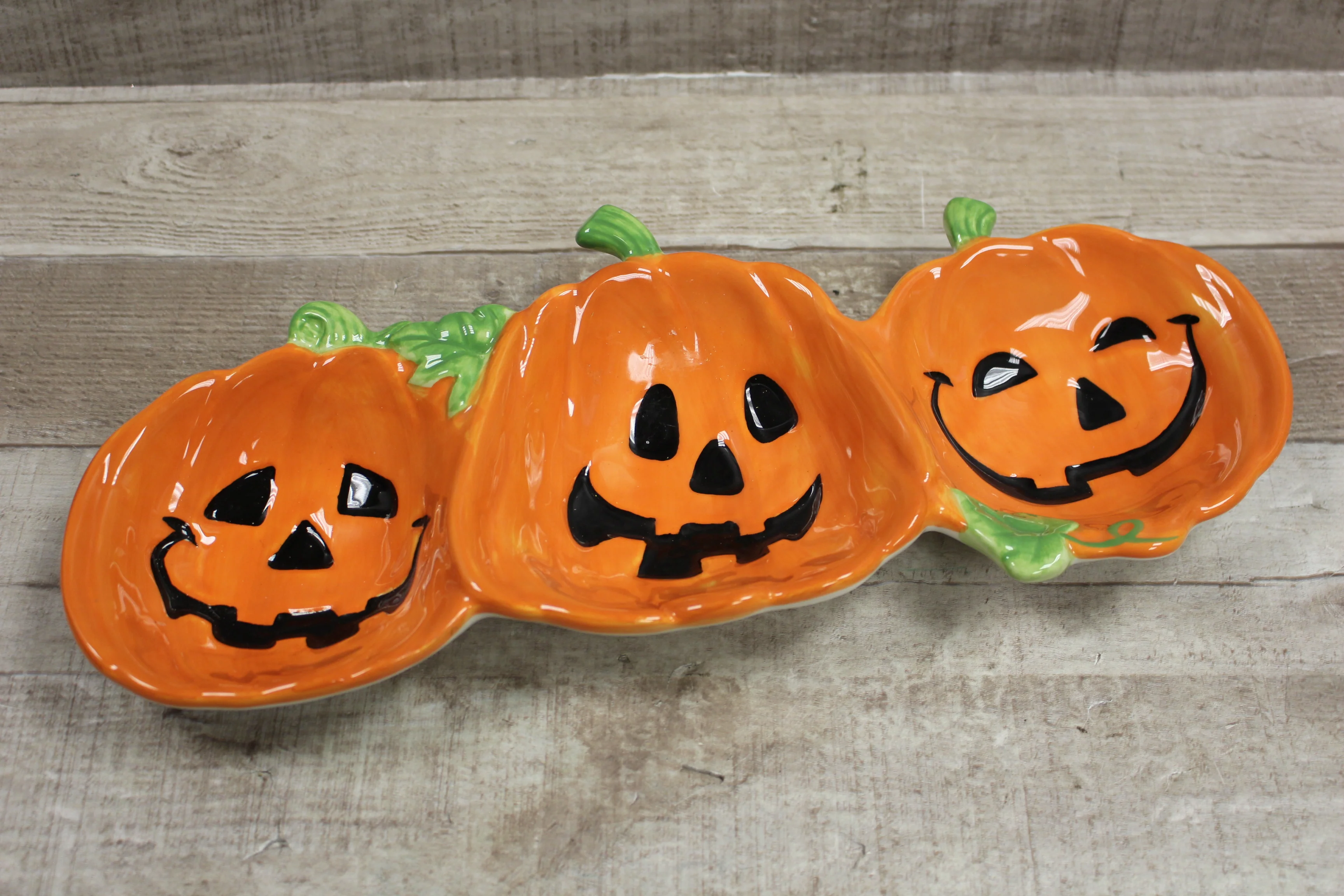 Halloween Pumpkin Tri-Dish Plate For Food Candy -New