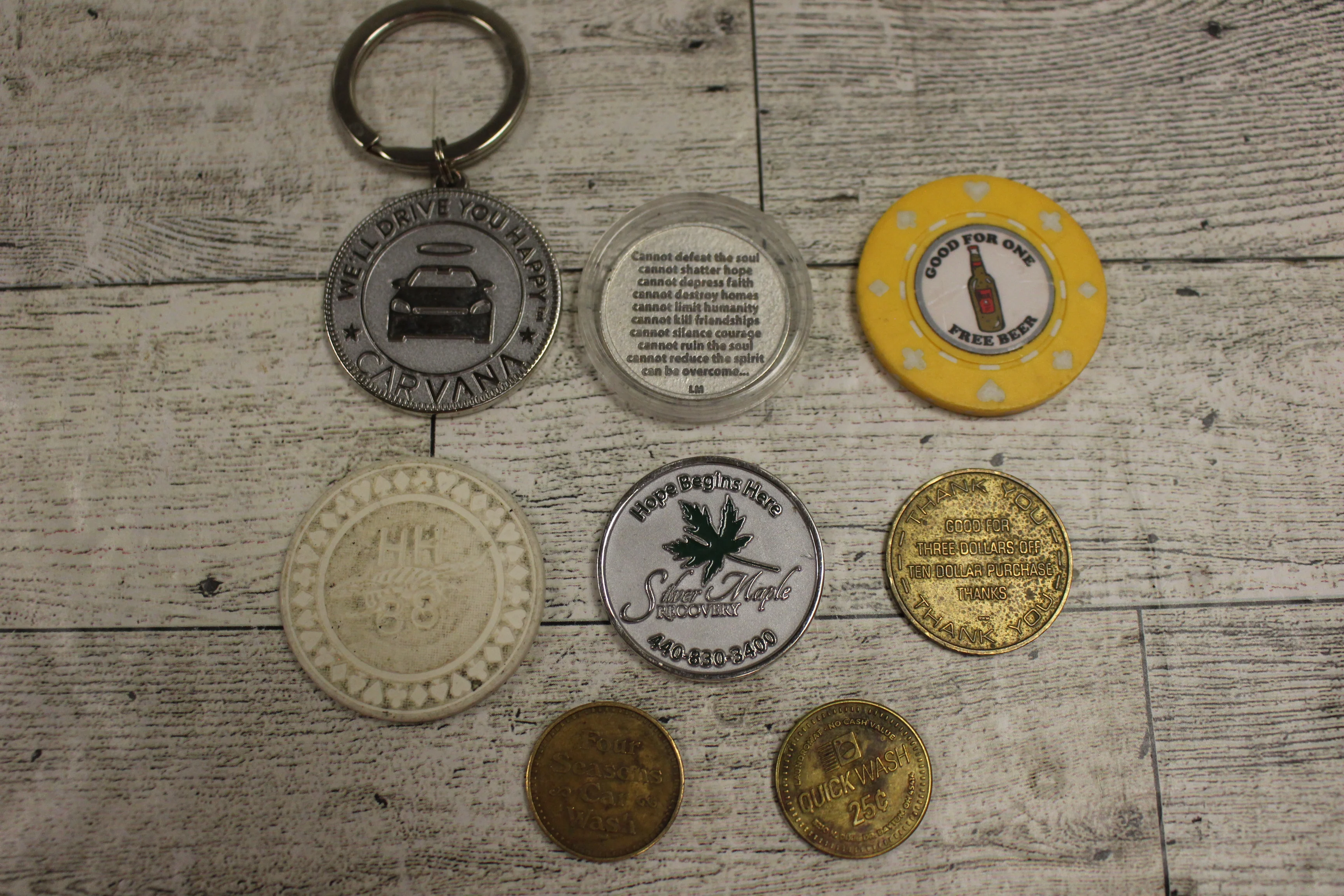 Lot of 8 Challenge Coins - Carvana, Quick Wash, Four Seasons + more - Used