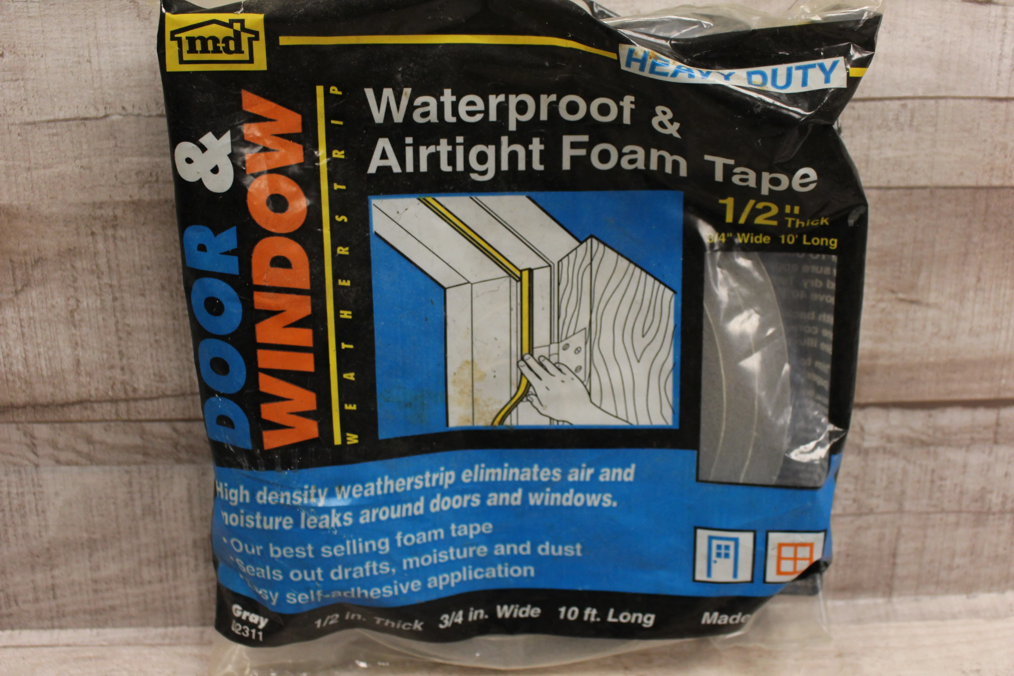 M+D Door and Window Waterproof and Air Tight Foam Tape 1/2" Thick 10' Long -New