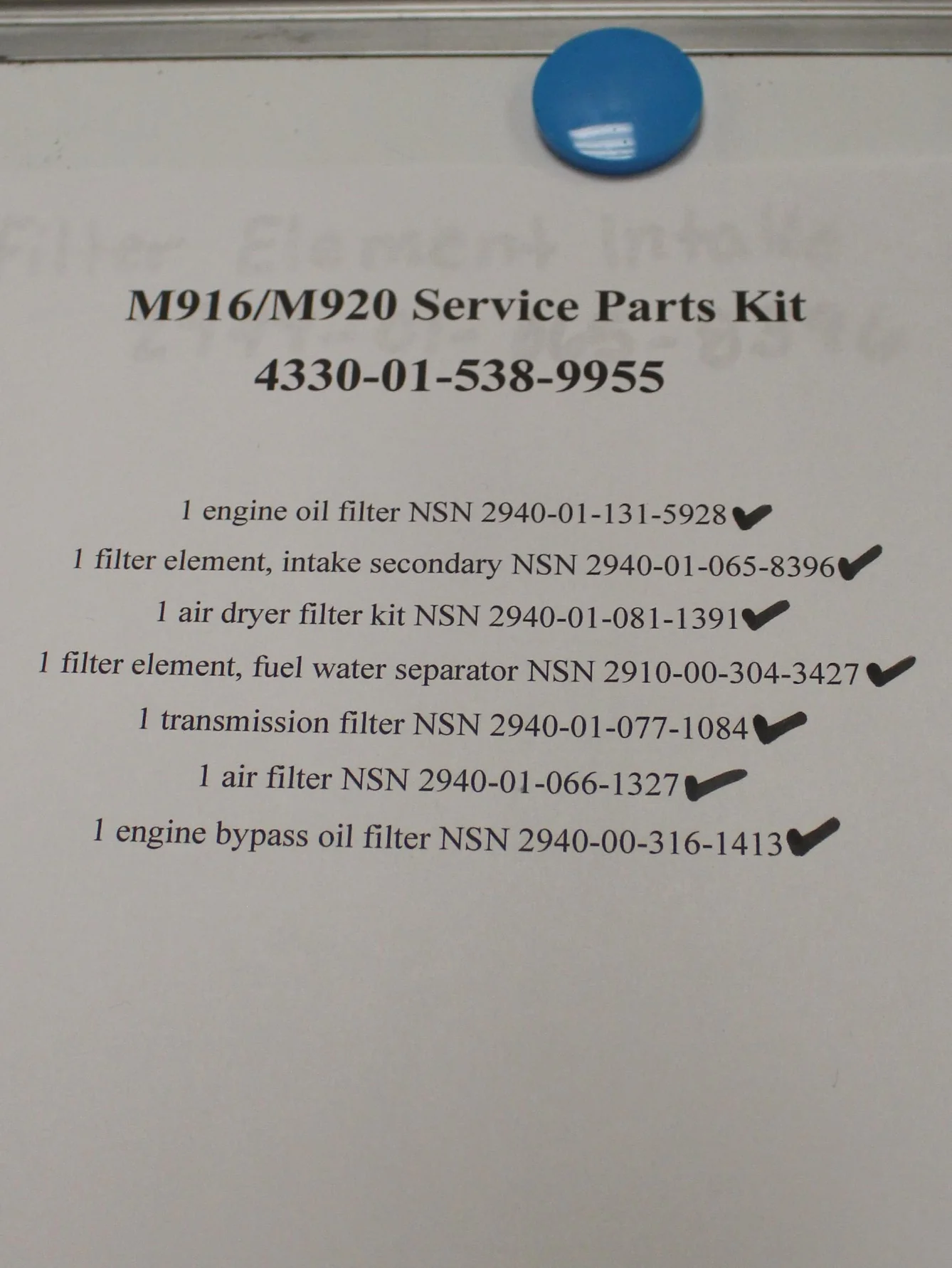 M916/M920 Service Parts Kit, 4330-01-538-9955, 57K6003, New - Image 2