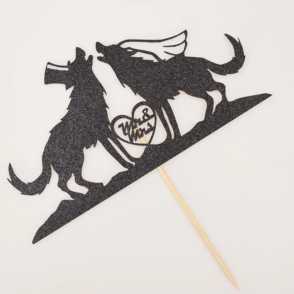 Mr. & Mrs. Wedding Wolf Cake Topper - Party Forest Wildlife - Black Glitter -New
