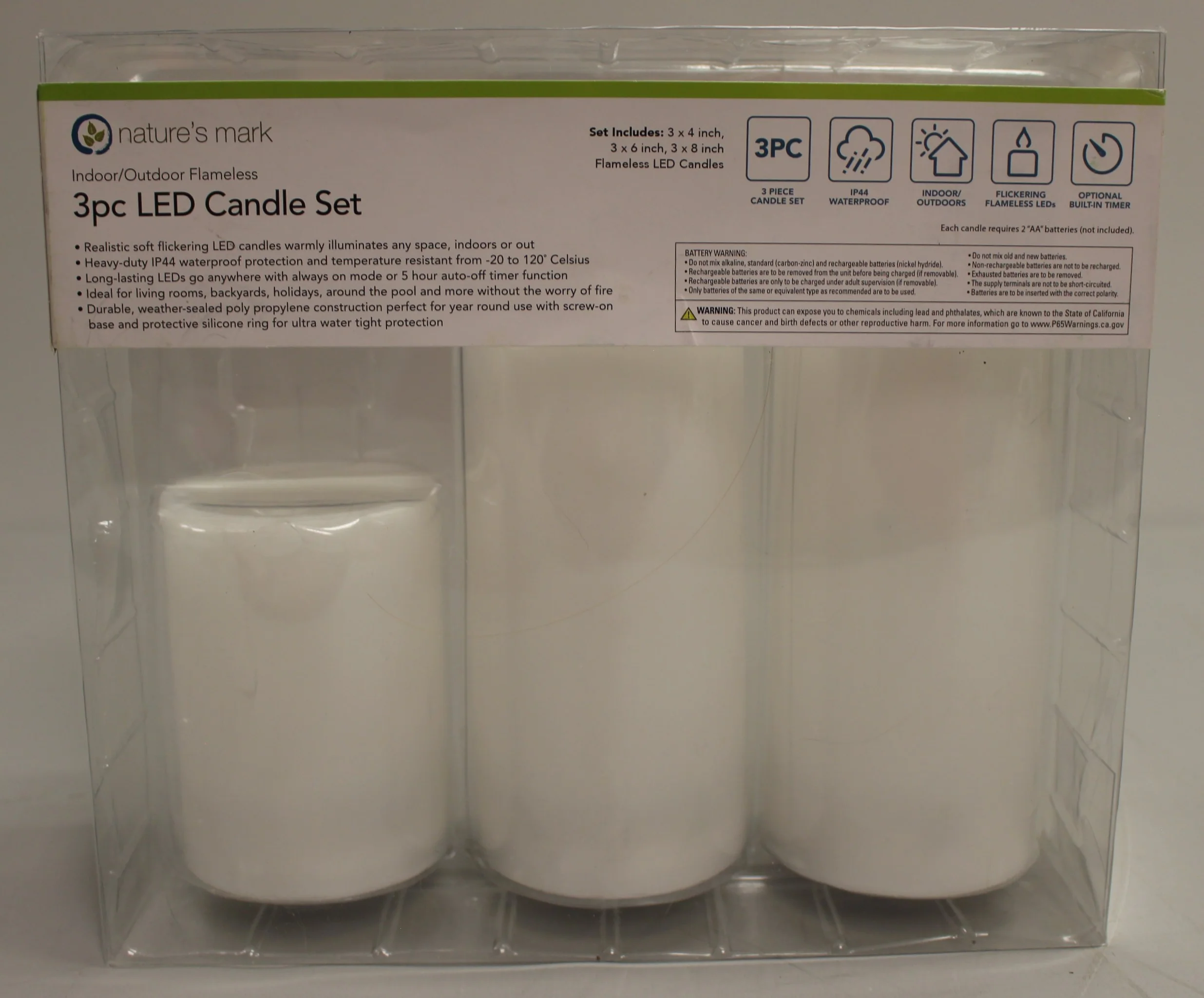 Nature's Mark Indoor/Outdoor Flameless 3 Pc LED Candle Set - Battery - New - Image 3