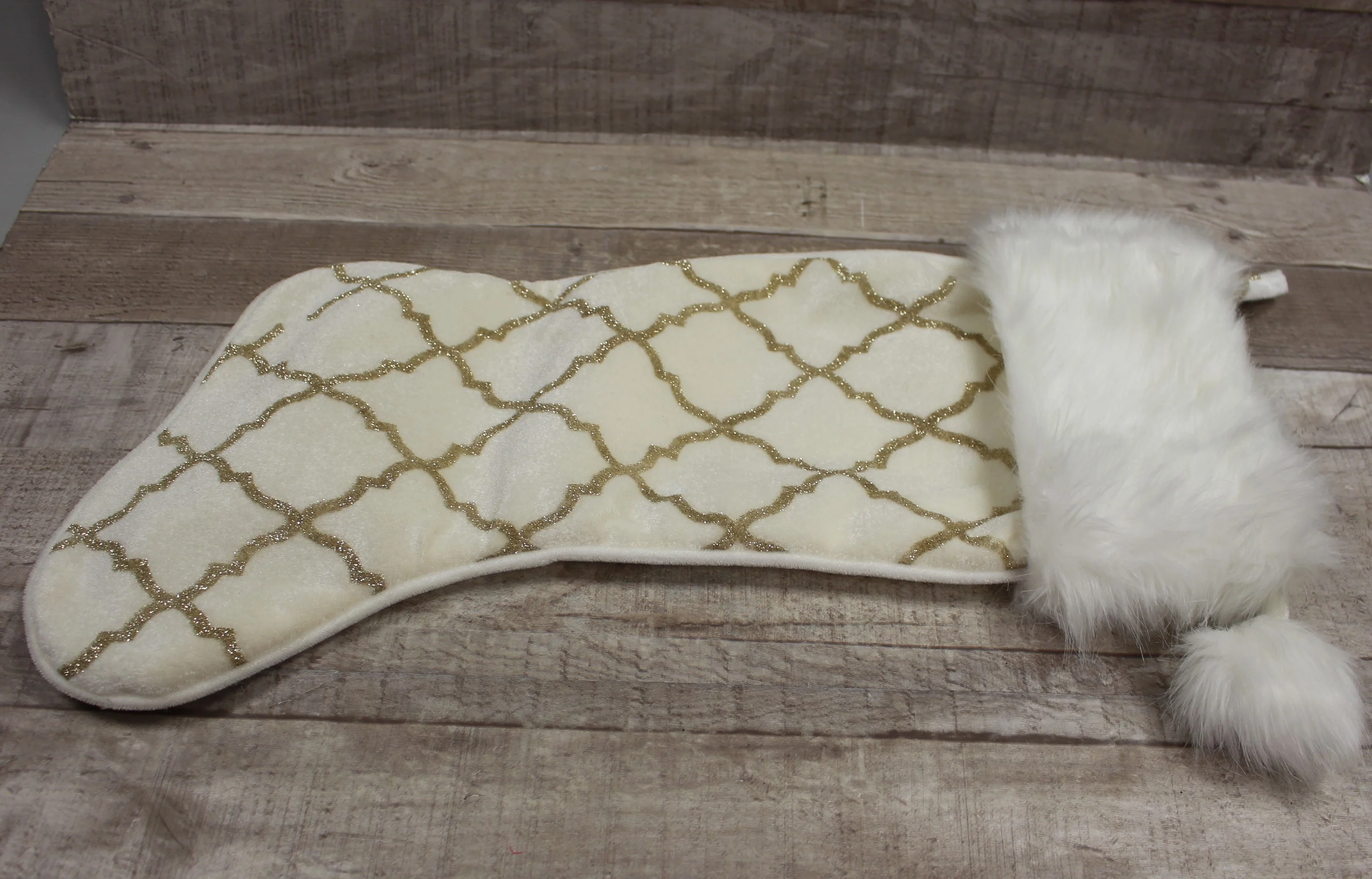 New Traditions White with Gold Christmas Stocking - 20" Long - Used
