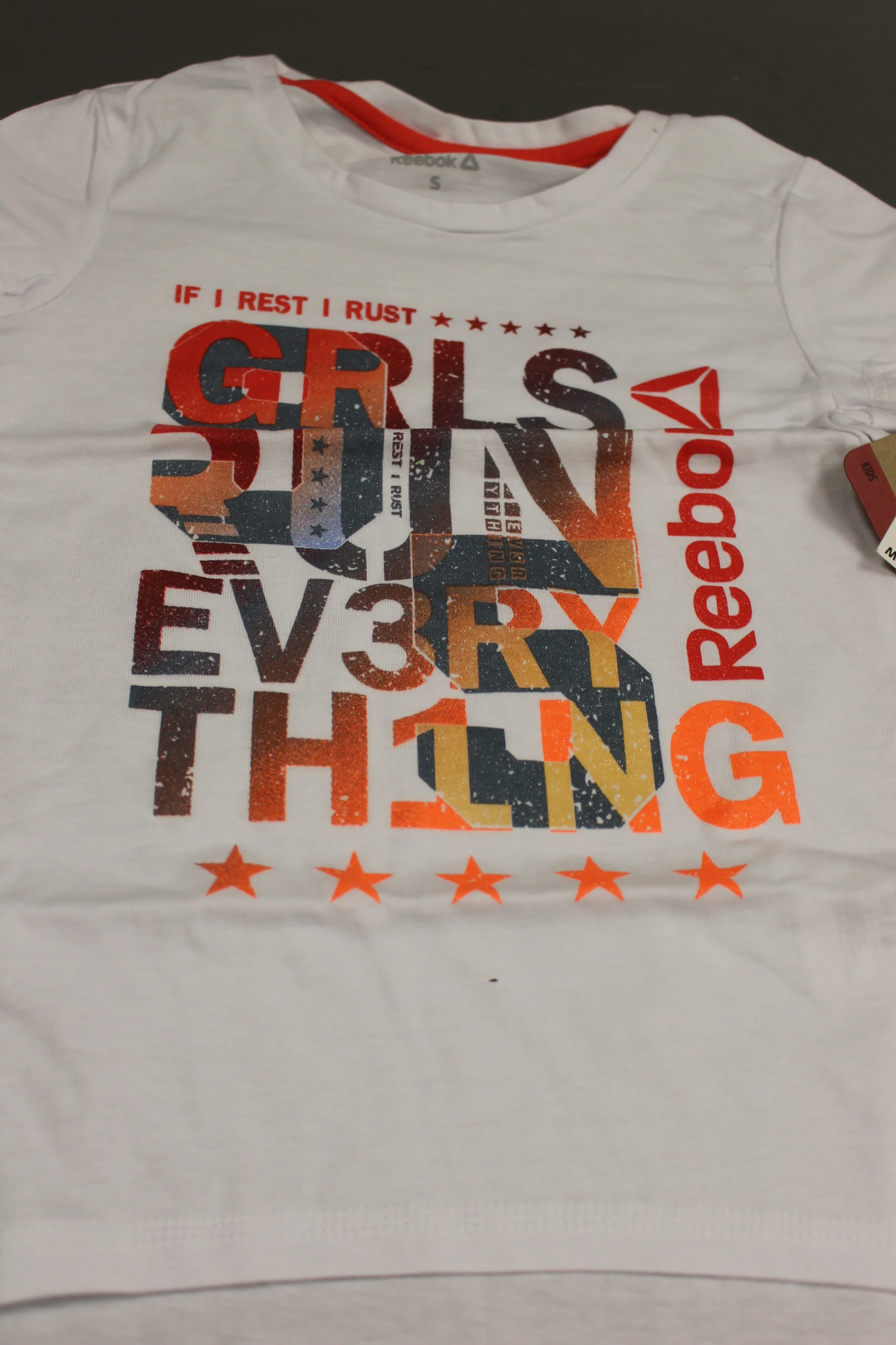 Reebok If I Rest I Rust / GRLS Run Ev3ry Th1ng T-Shirt, Small, New