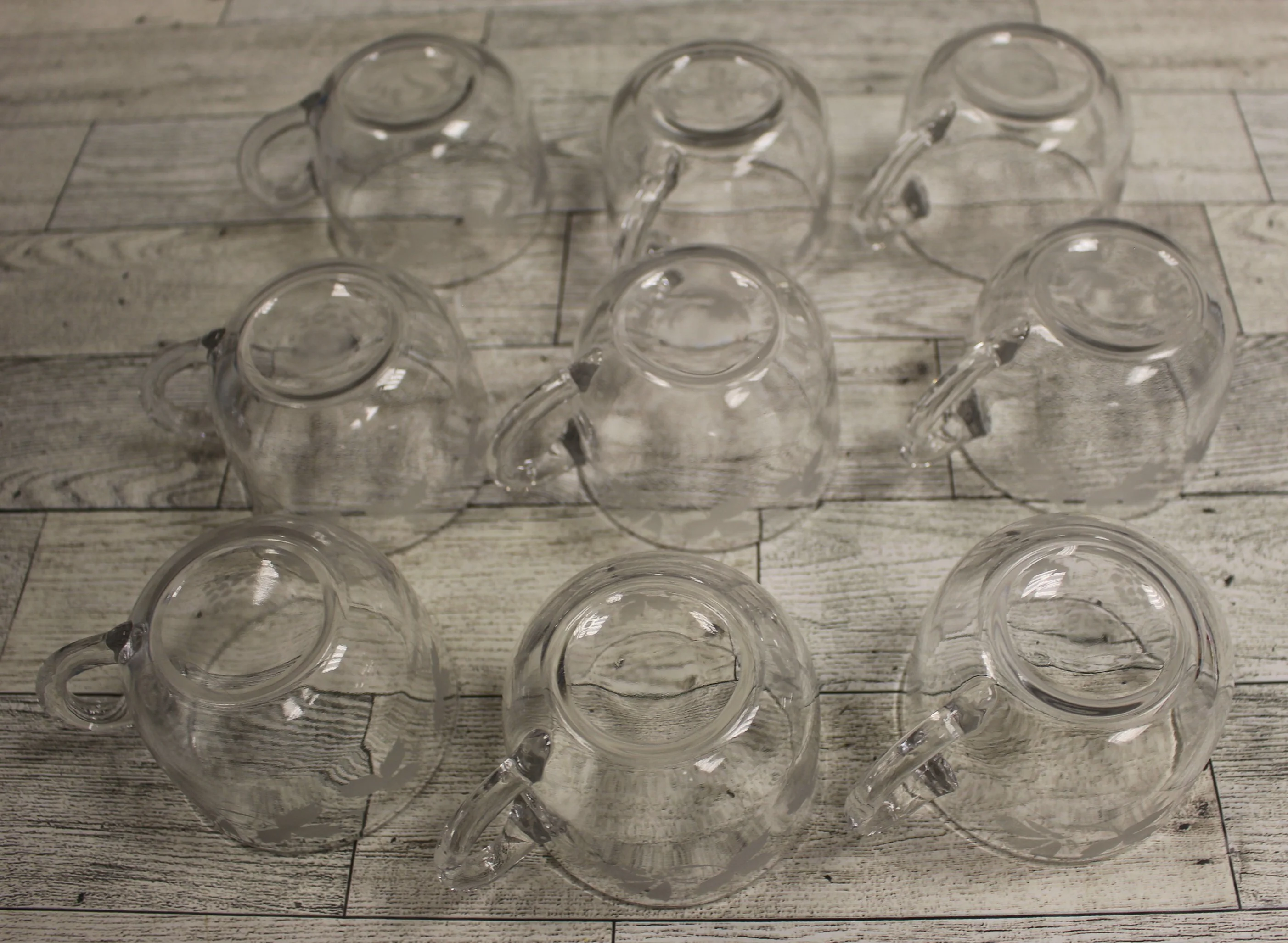Set of 9 Punch Bowl Cups Glasses - Etched Grape Leaves - Clear - Used - Image 2