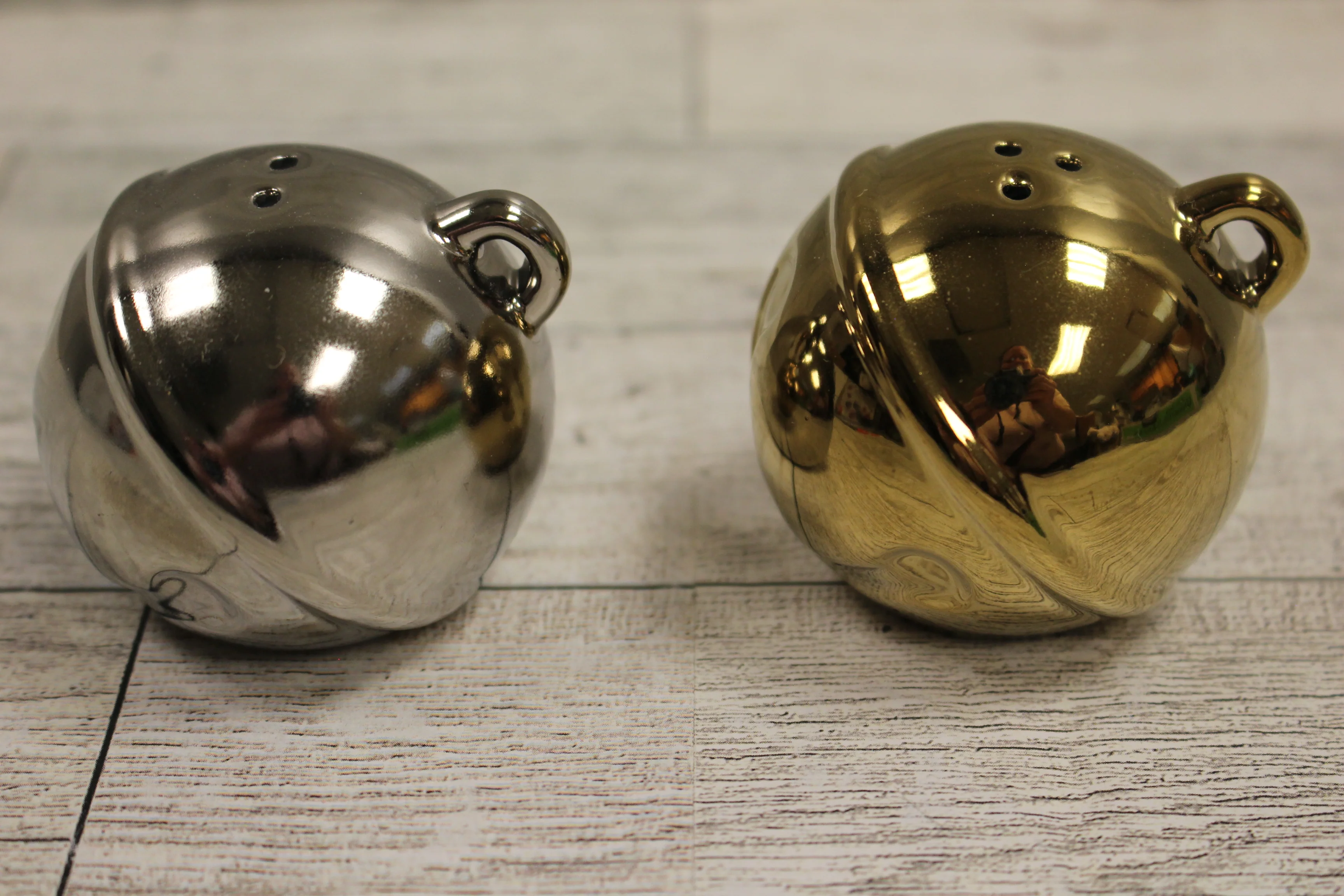 Set of Jungle Bells Salt and Pepper Shakers - Gold and Silver - Used - Image 3