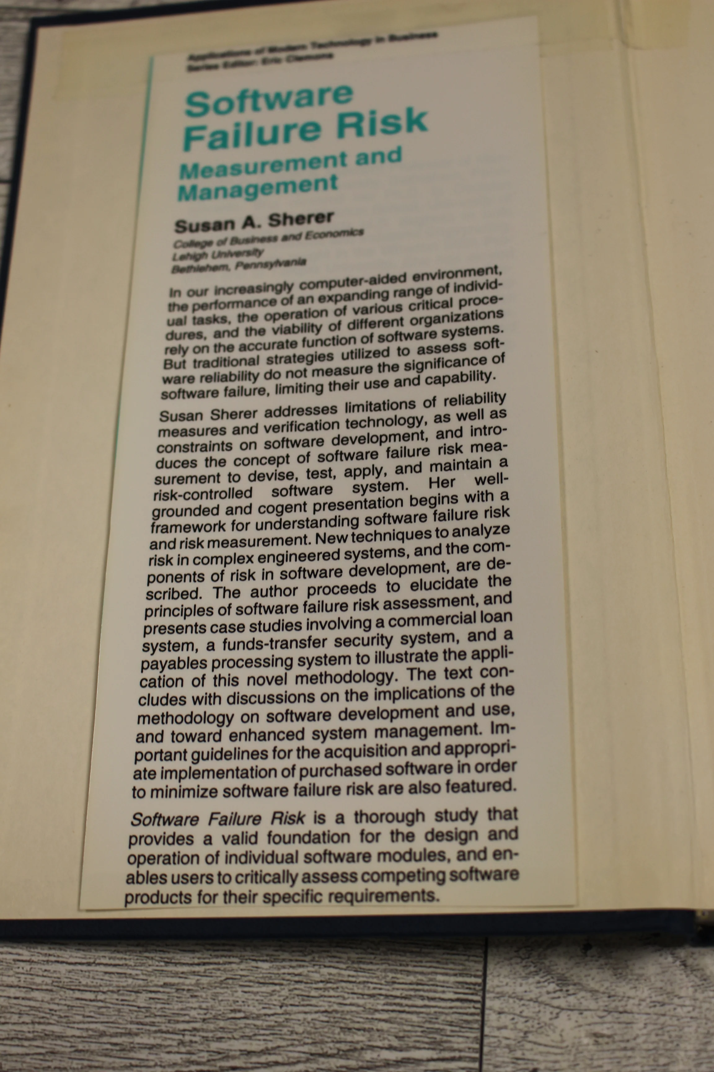 Software Failure Risk: Measurement and Management -Susan Sherer - Hardback -Used - Image 3