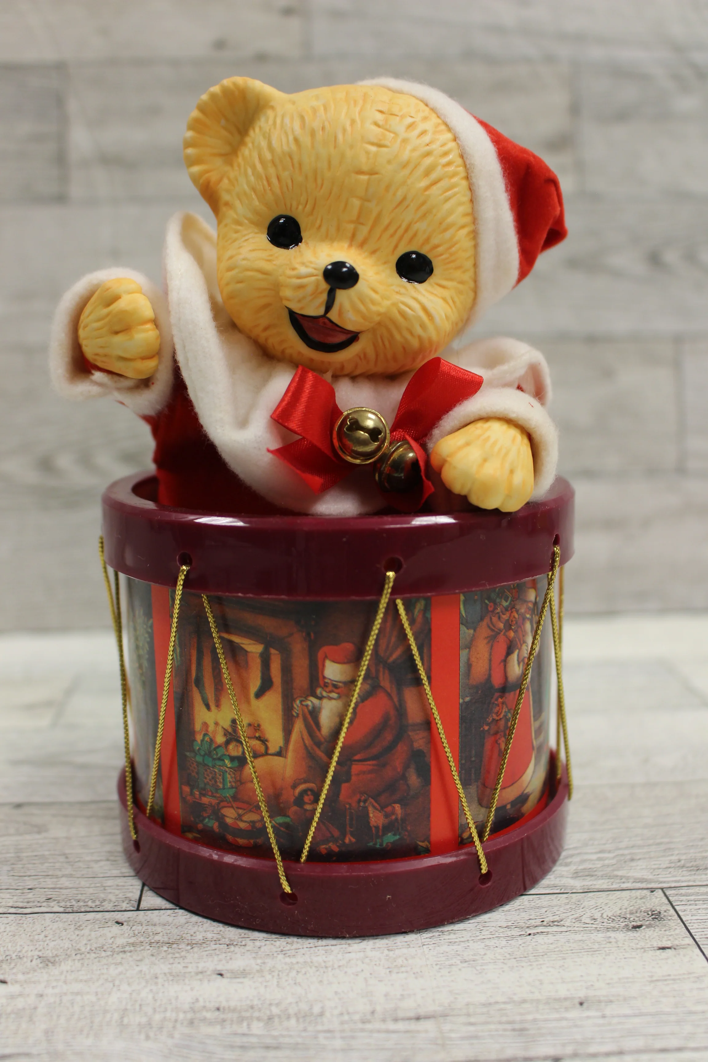 TAJ Bear in A Drum Musical Figurine - Plays Jingle Bells - Animated - Used