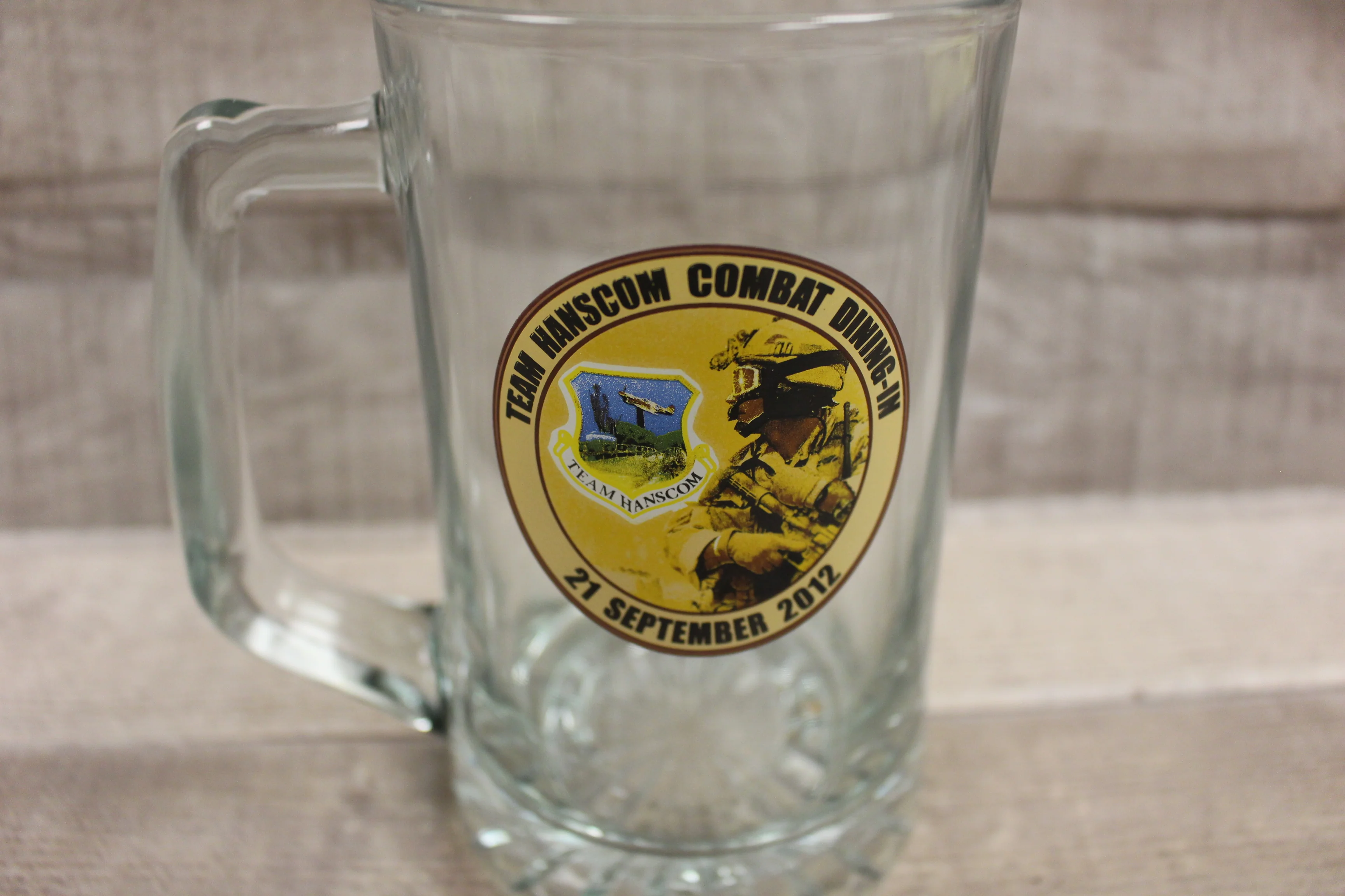 Team Hanscom Combat Dining-In Glass Mug Cup -Clear With Logo -Used - Image 2