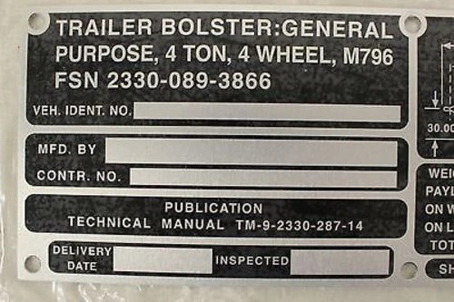 Trailer Bolster Identification Plate, NSN 9905-00-798-1208, New! - Image 3