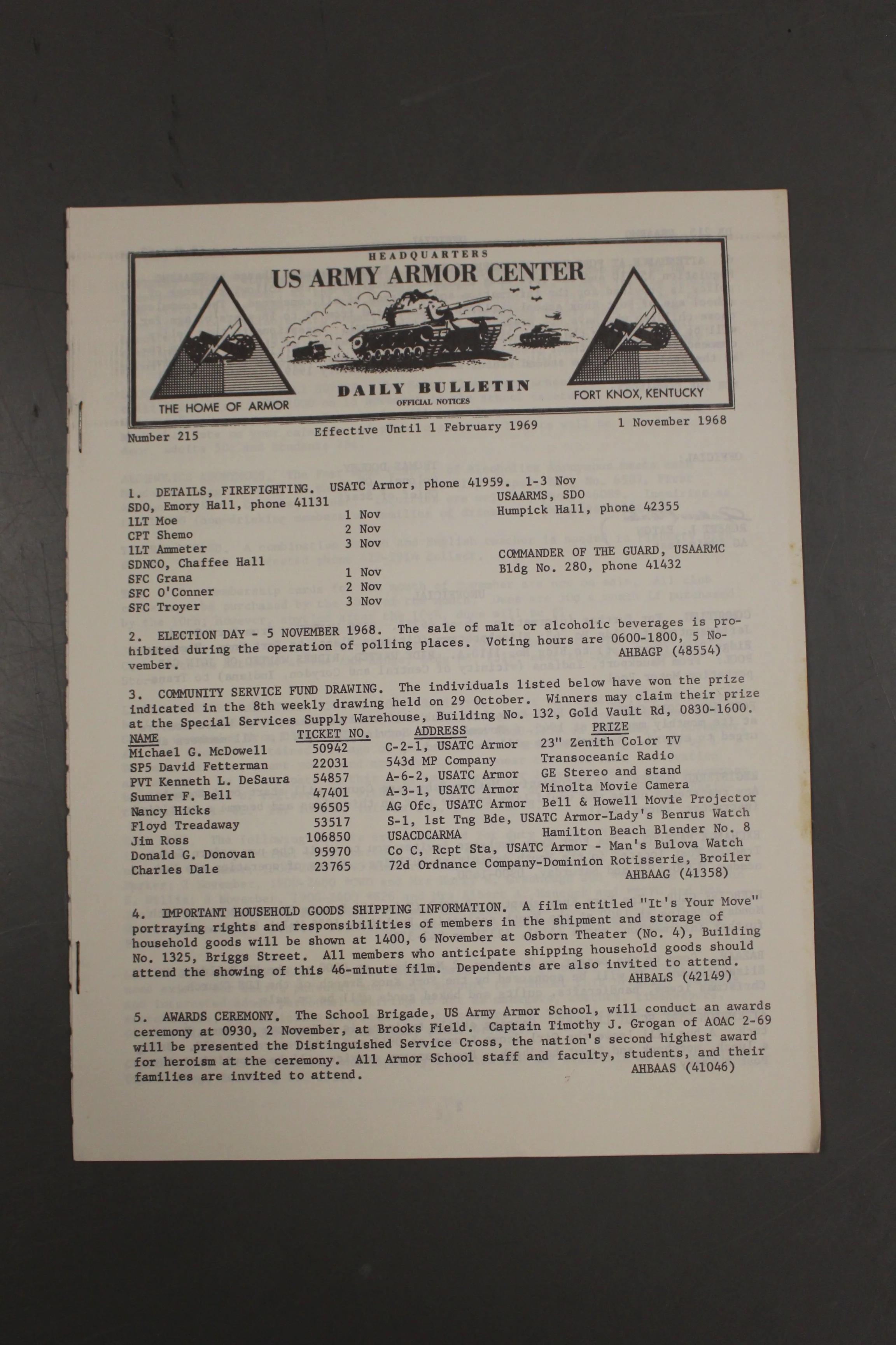 US Army Armor Center Daily Bulletin Official Notices, No 215, November 1, 1968