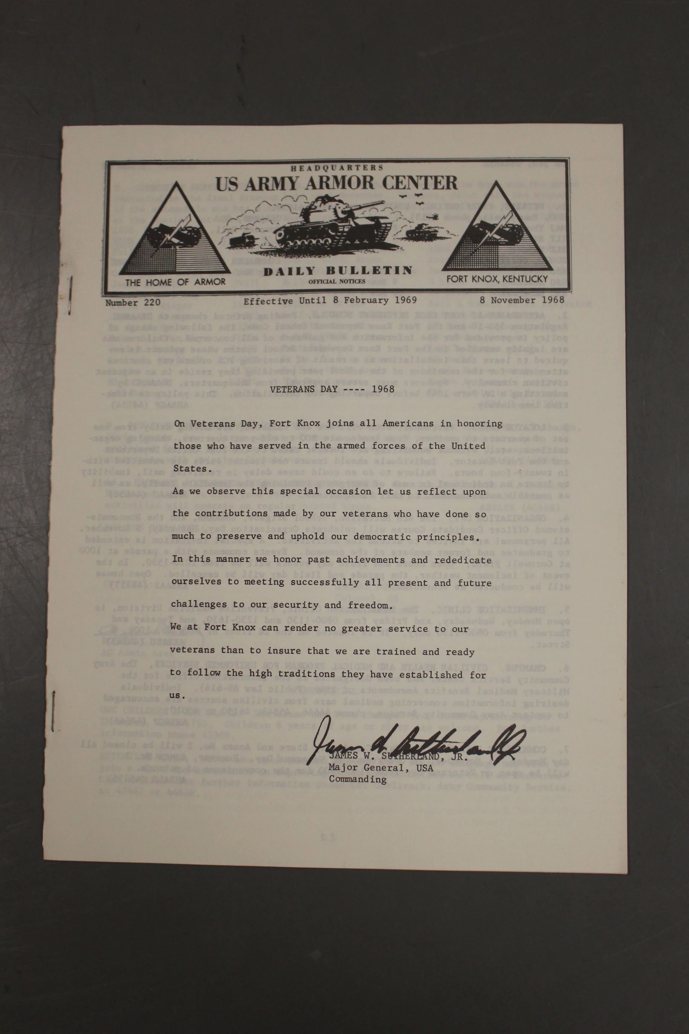 US Army Armor Center Daily Bulletin Official Notices, No 220, November 8, 1968