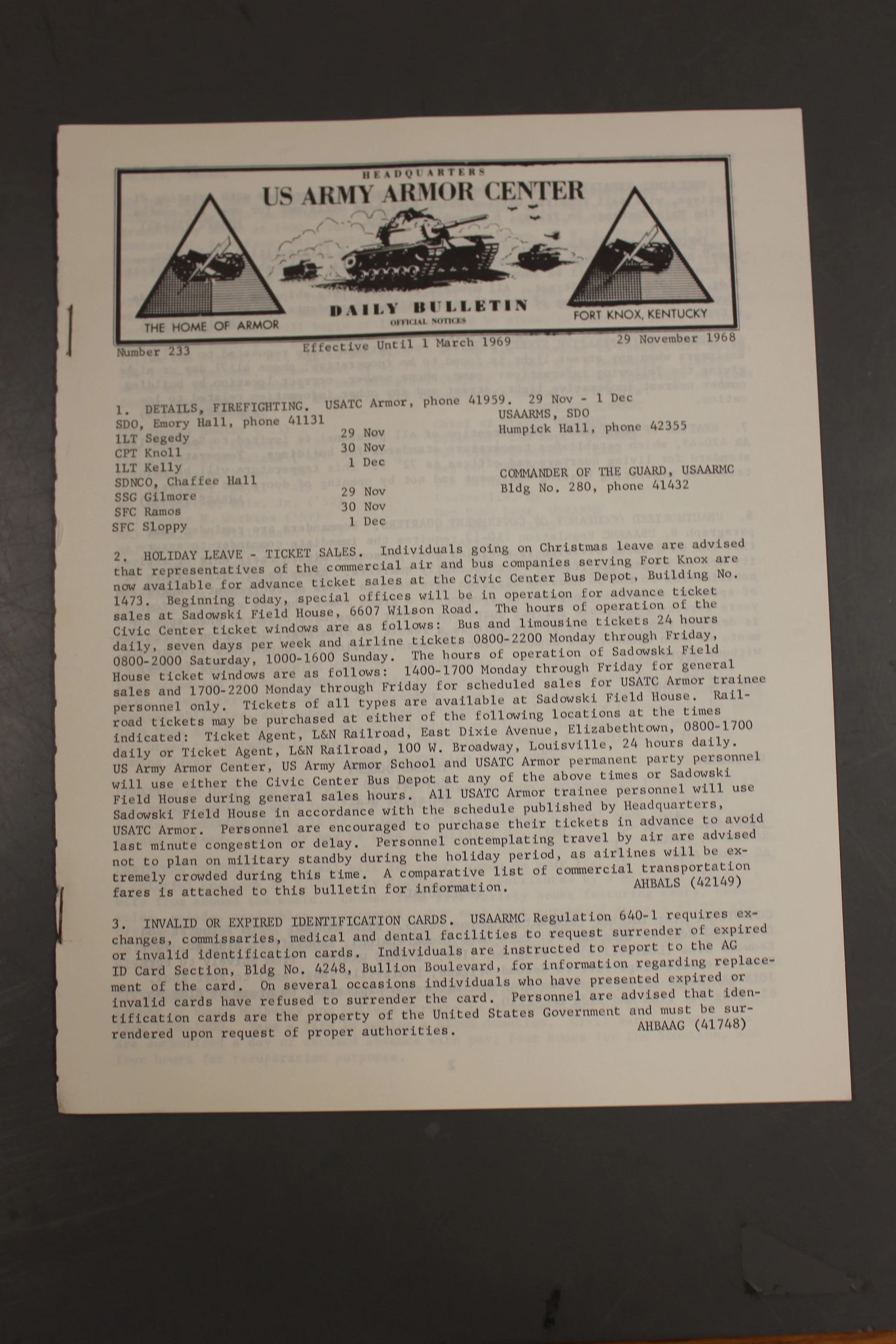 US Army Armor Center Daily Bulletin Official Notices, No 233, November 29, 1968