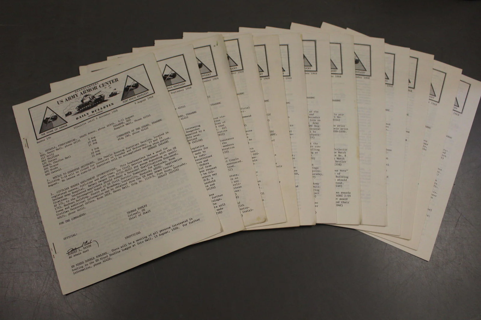 US Army Armor Center Daily Bulletin Official Notices, September 1968
