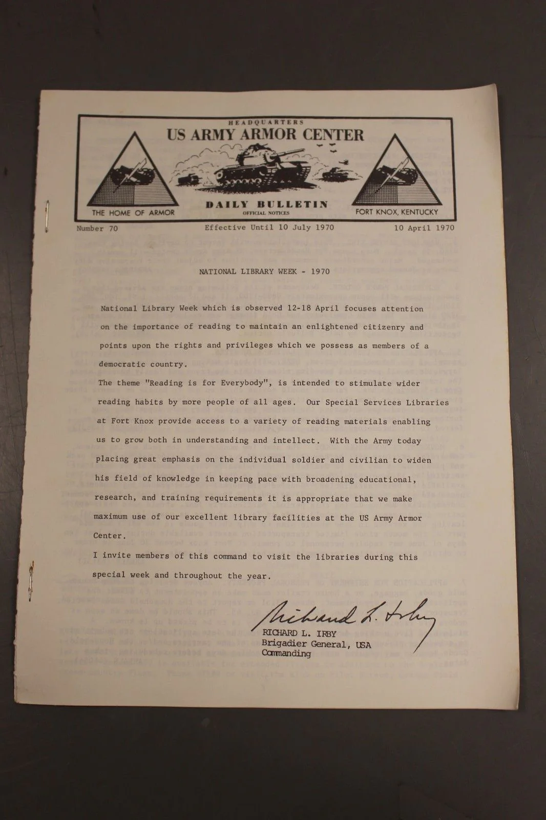 US Army Armor Center Daily Bulletin Official Notices, Year: 1970 - Image 4