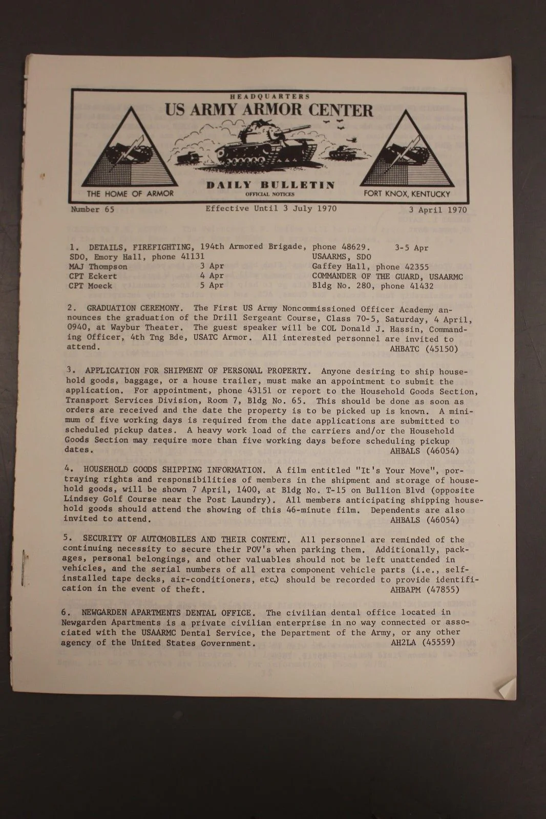 US Army Armor Center Daily Bulletin Official Notices, Year: 1970 - Image 5