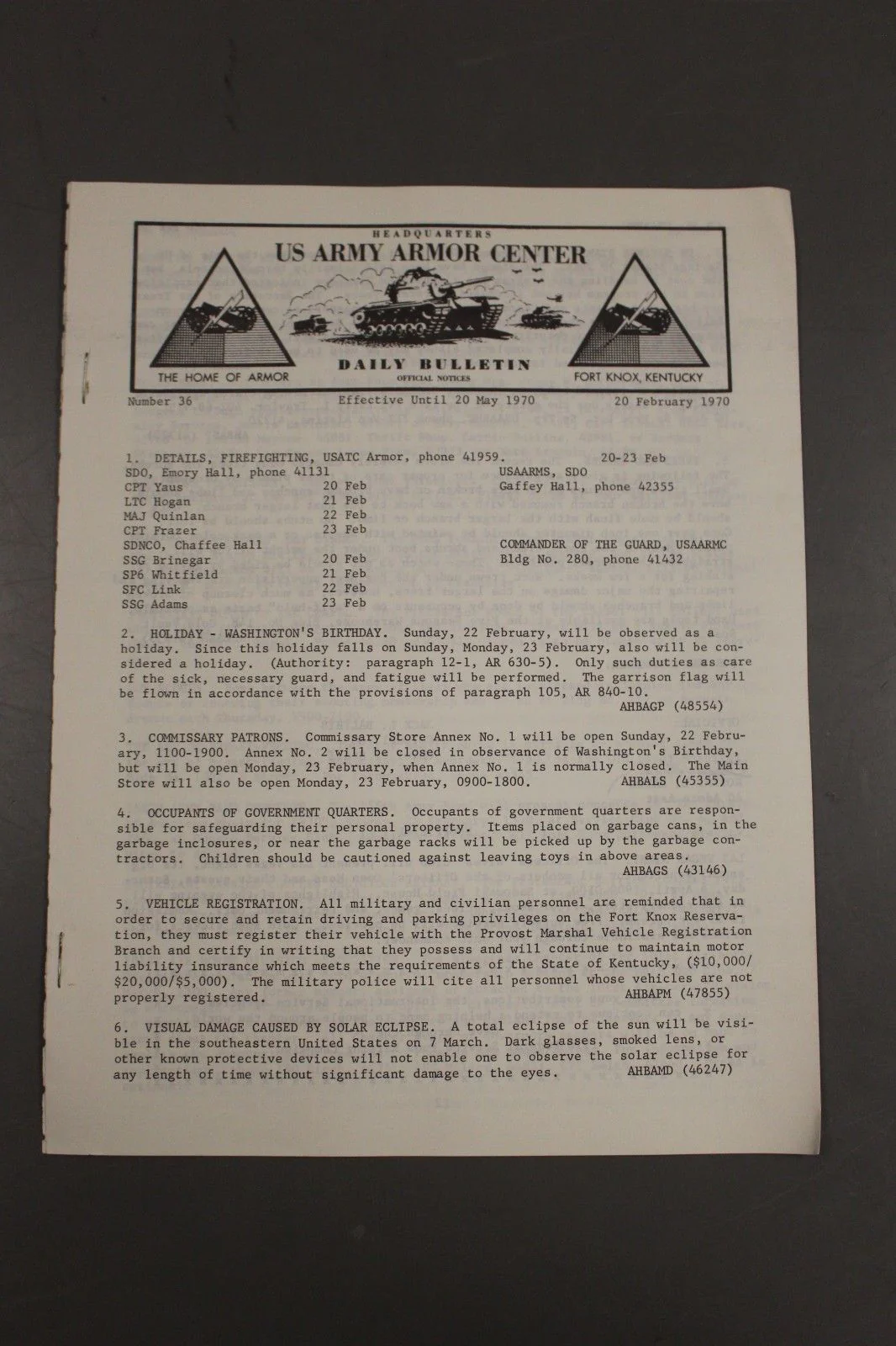US Army Armor Center Daily Bulletin Official Notices, Year: 1970 - Image 9