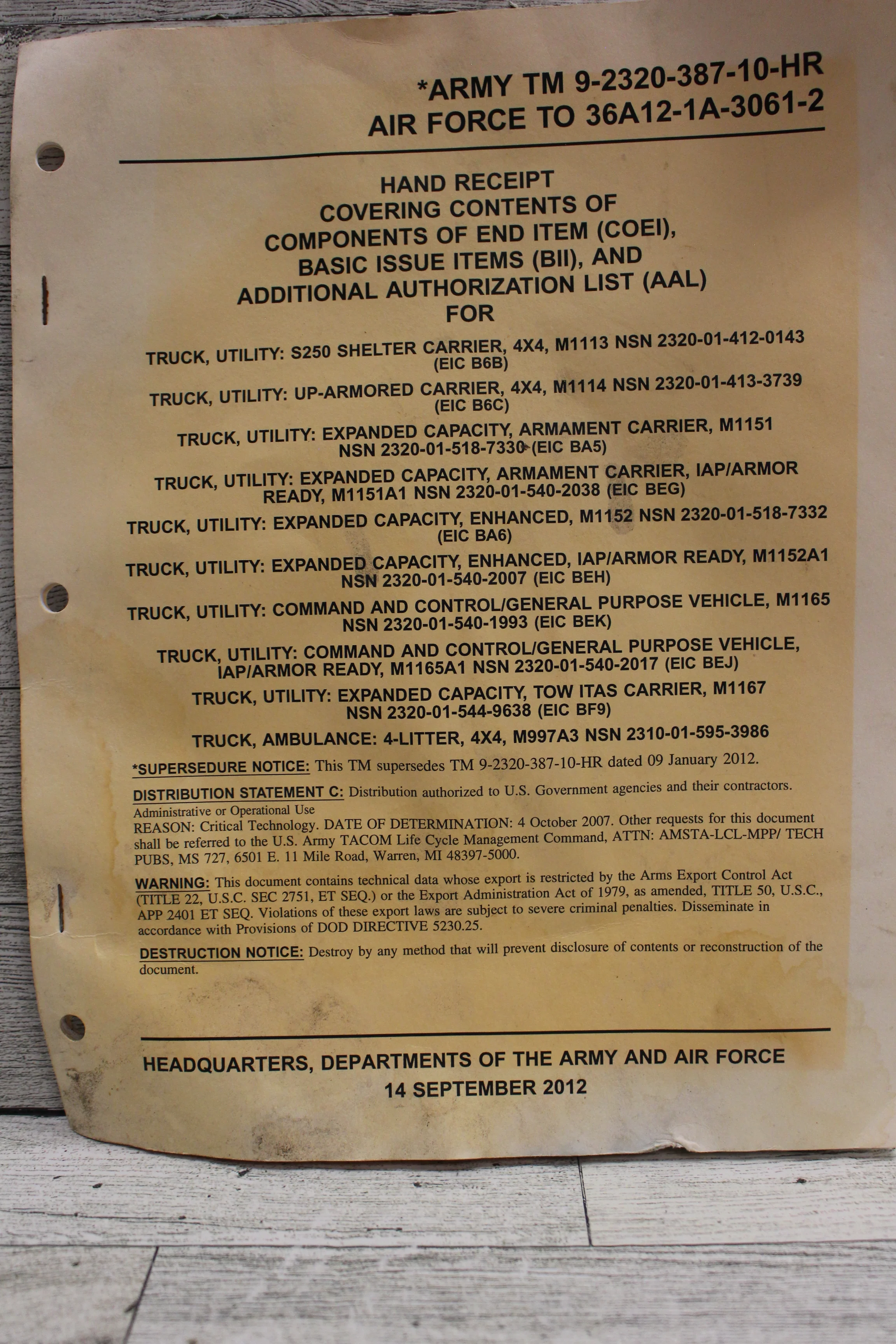 US Military Hand Receipt Covering End Item - 14 Sept 2012 - Used