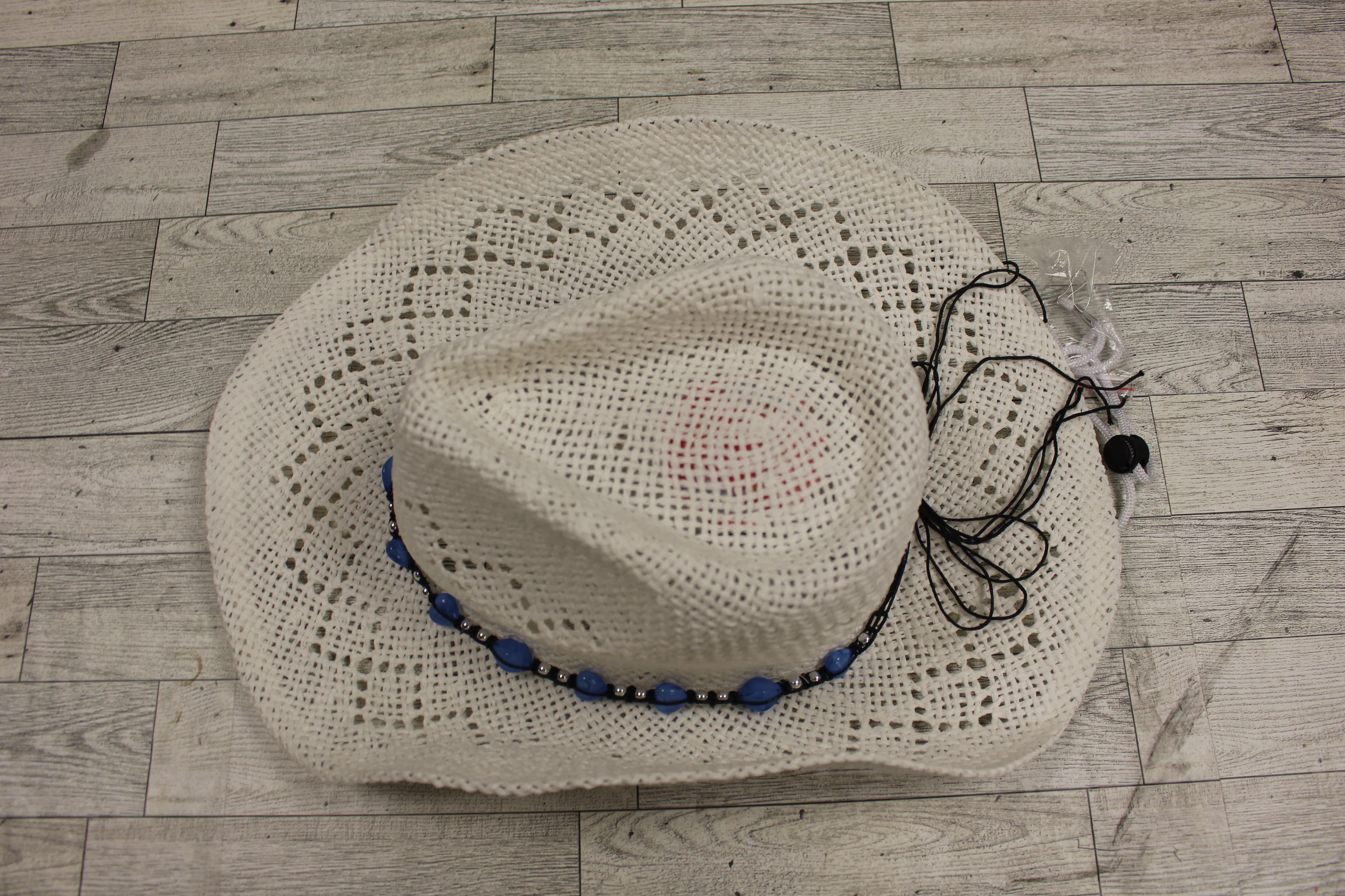 Vanmuss Straw Cowboy Hat with Teal Beads - New - Image 5