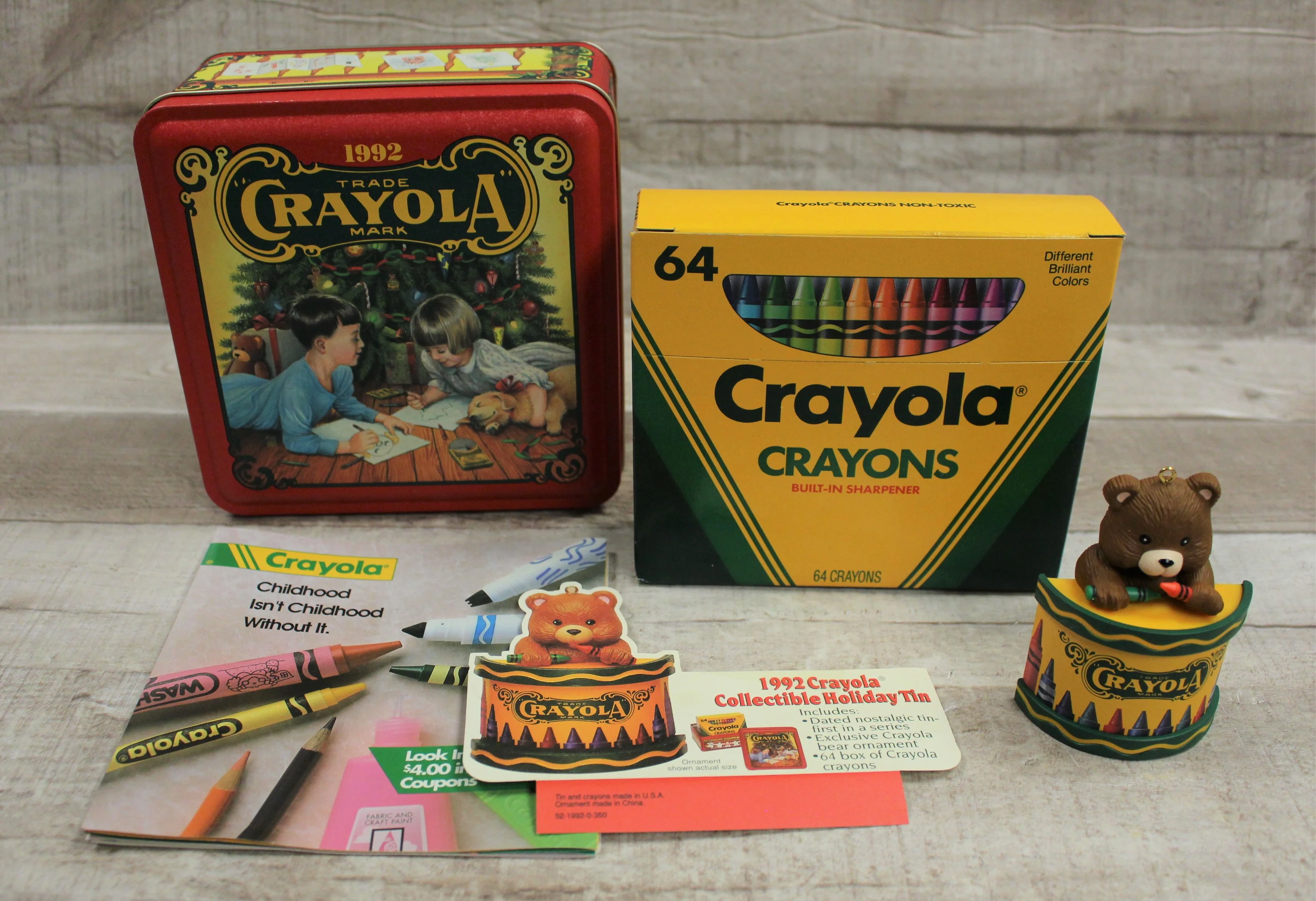 Vintage 1992 Crayola Crayon Tin Gift Set with 64 Count Crayons & Bear Ornament