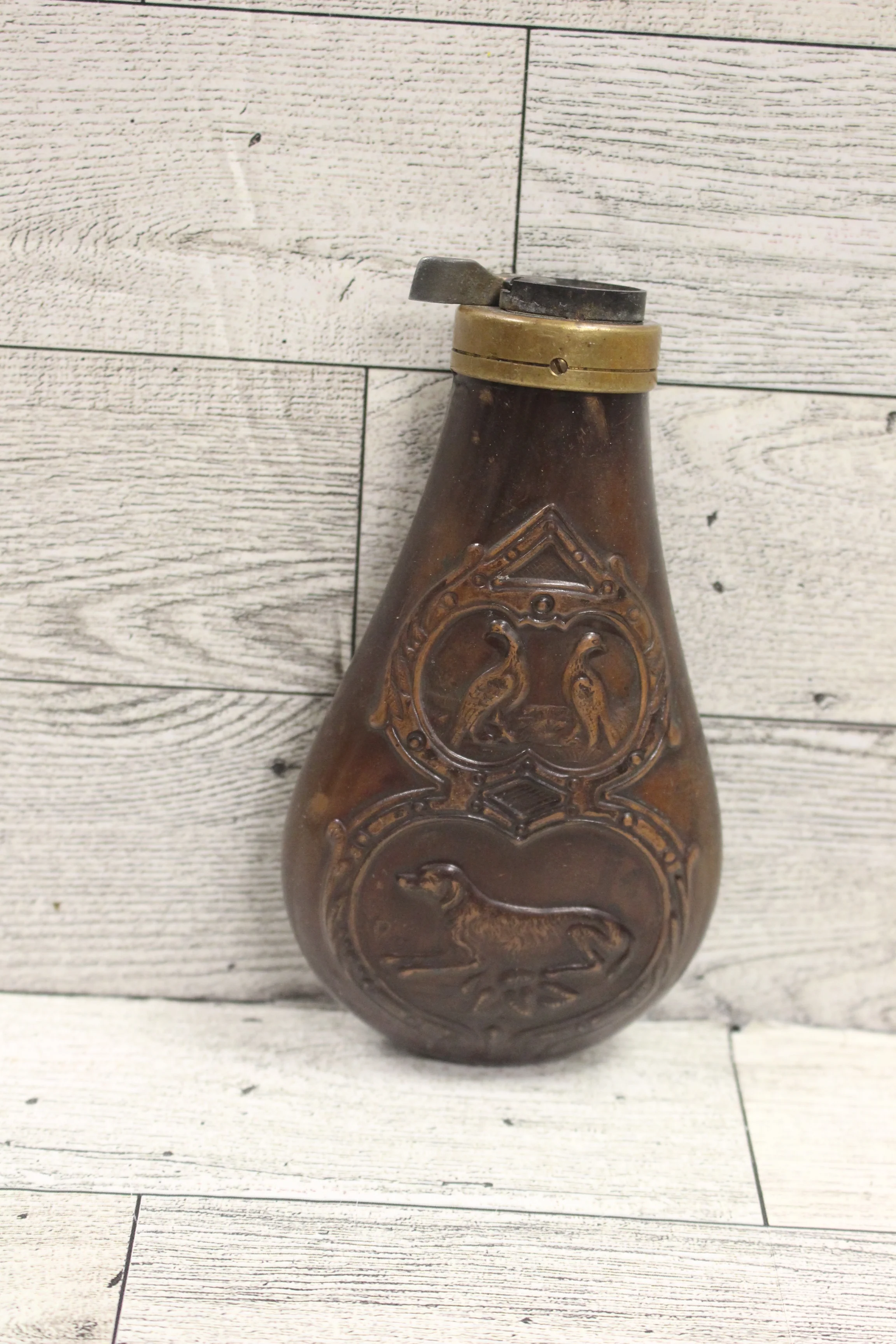 Vintage Copper & Brass Black Powder Flask -Embossed Hunting Dog & Pheasant -Used - Image 3