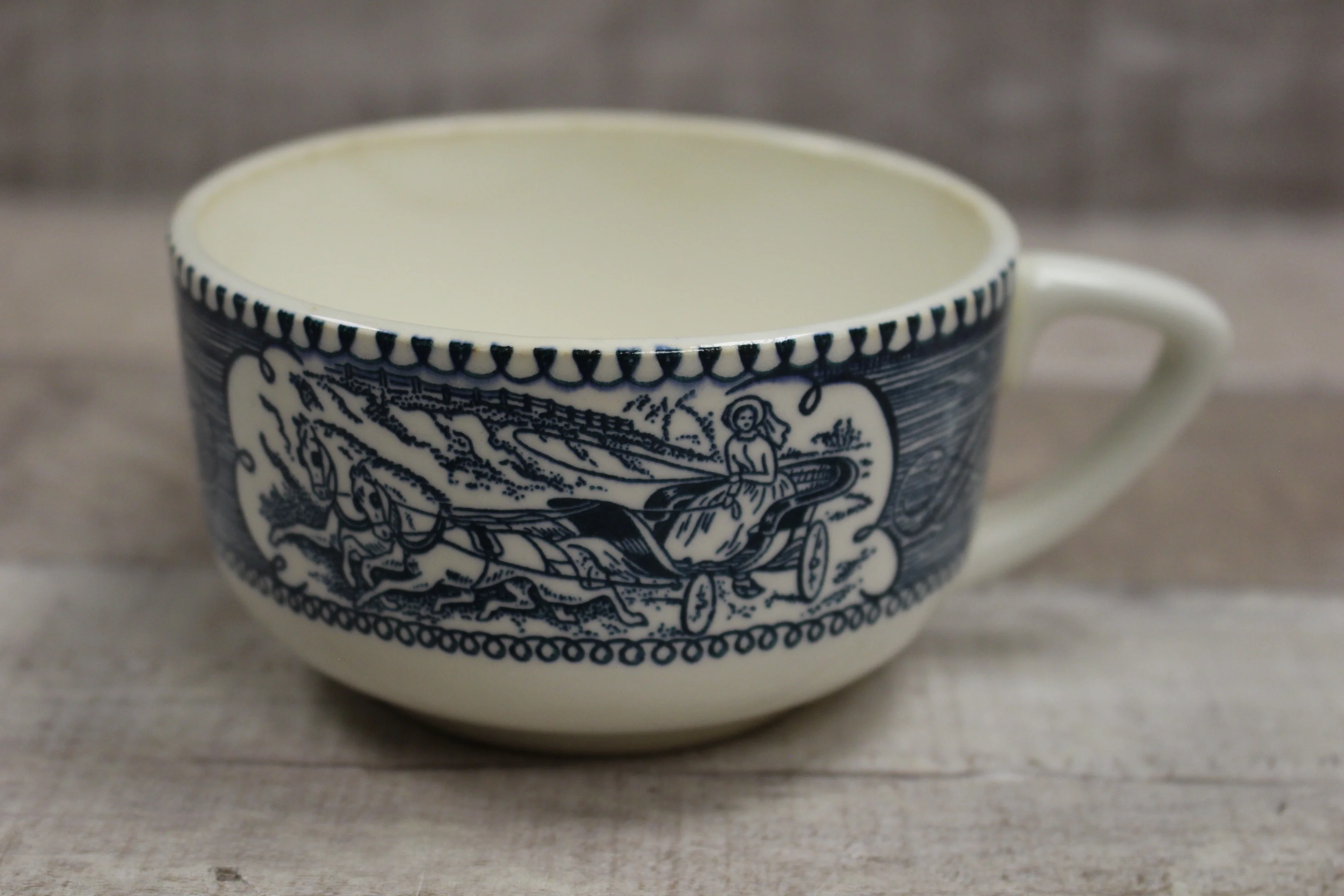 Vintage Currier and Ives Horse and Carriage Teacup -Blue -Used