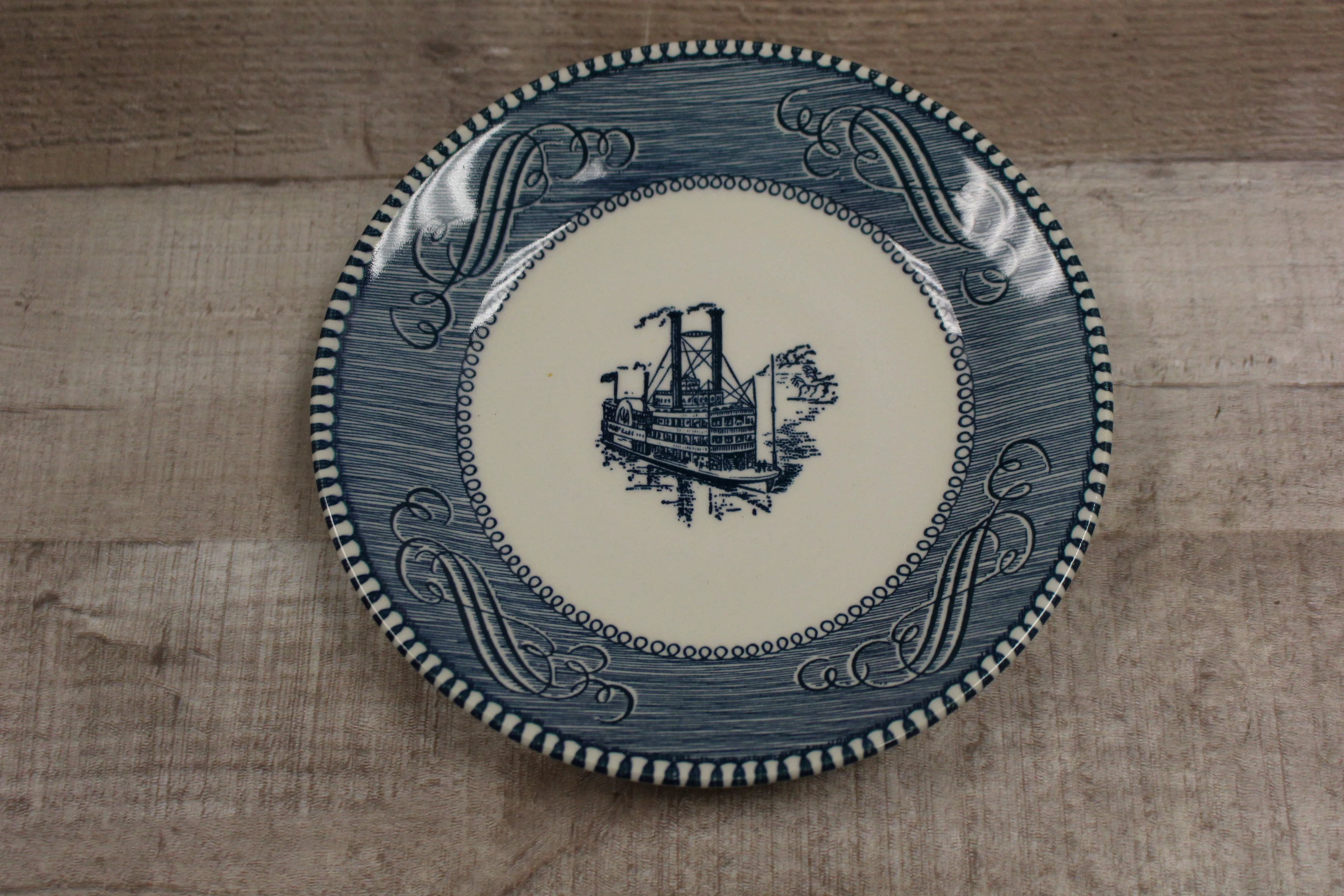 Vintage Currier and Ives Steamboat Saucer -Blue -Used