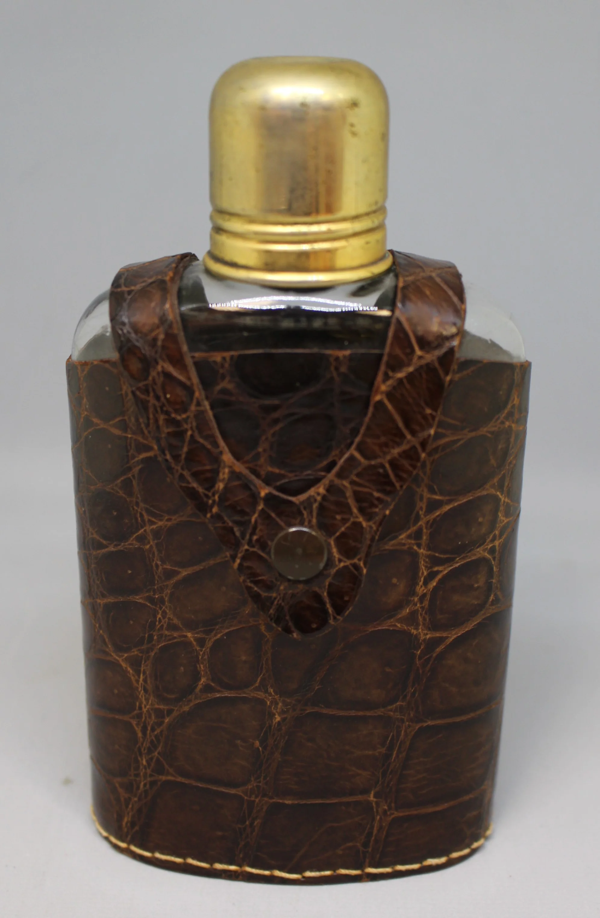 Vintage Glass Flask with Animal Skin Holder Pouch - Used