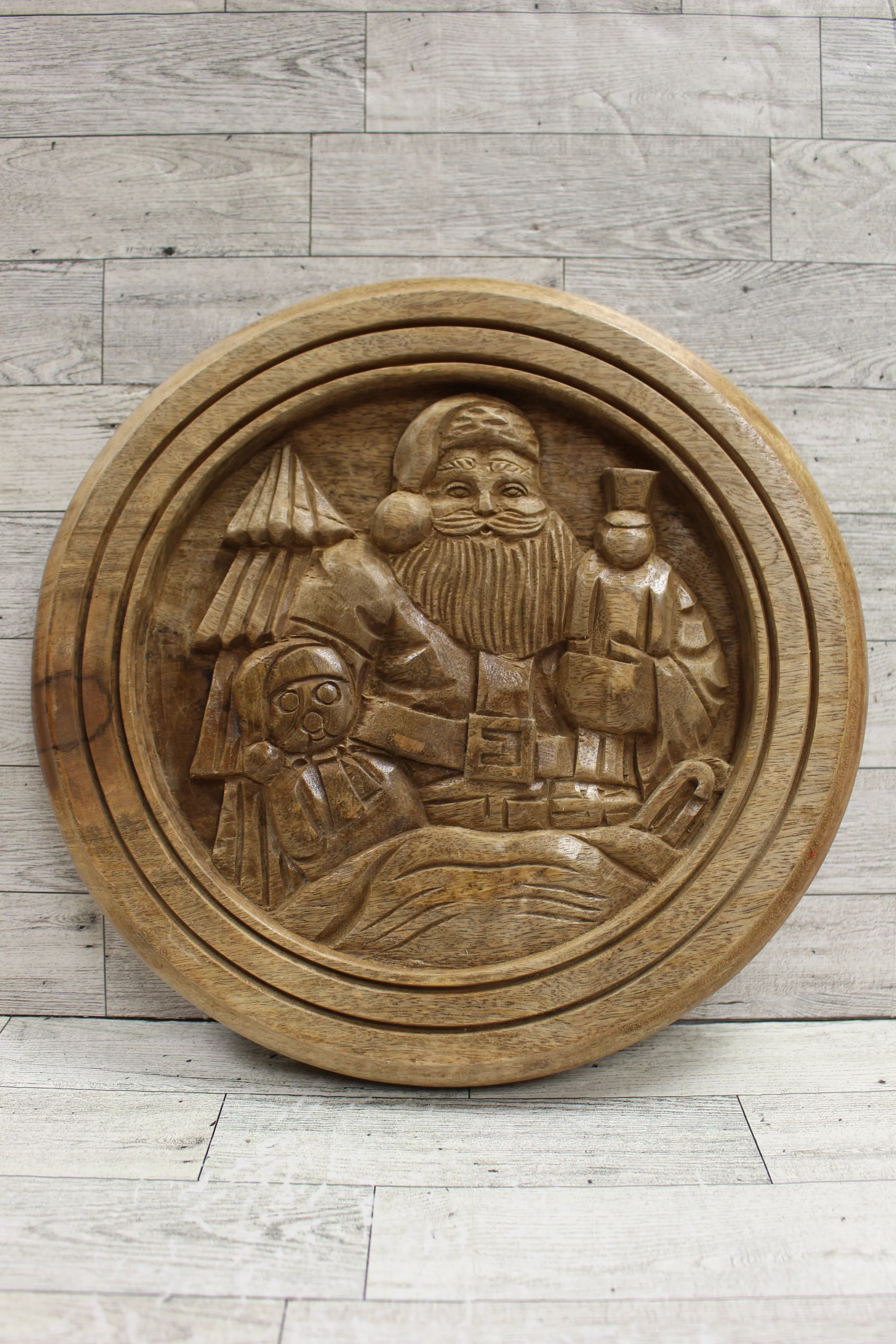 Vintage Hand Carved Wooden Christmas Santa Scene Hanging Plate - Used