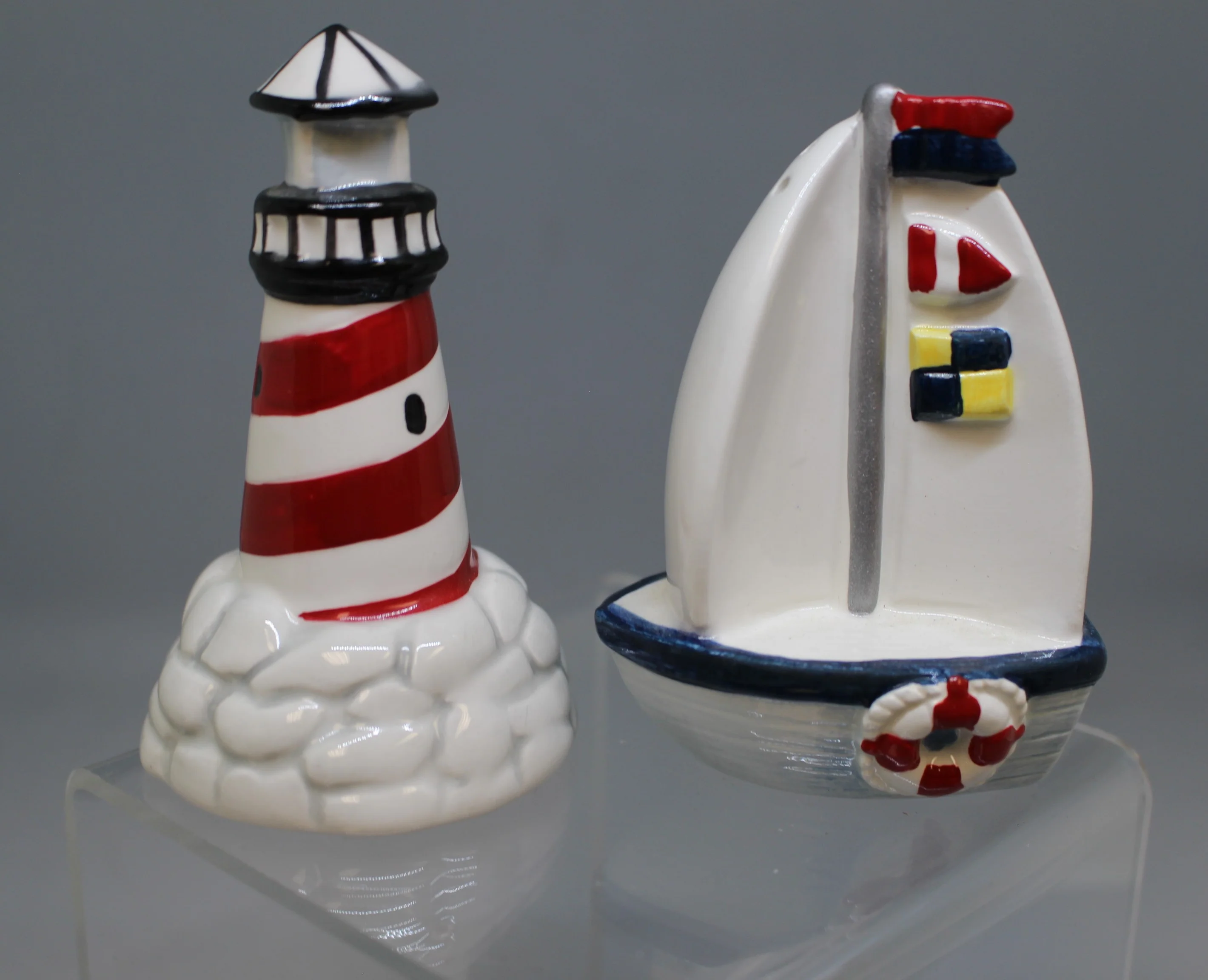 Vintage Lighthouse & Sailboat Mini Salt & Pepper Shakers - Used