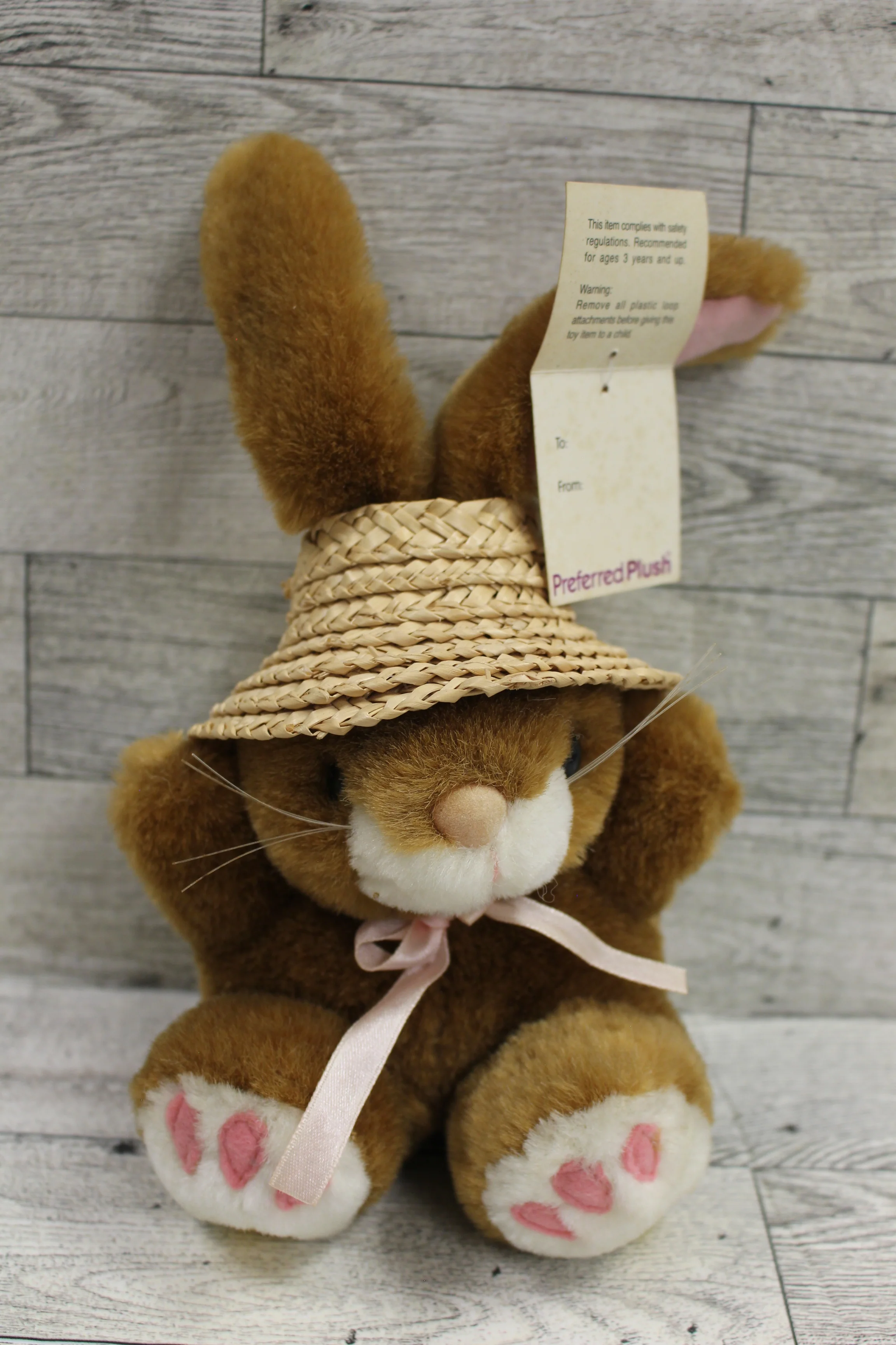 Vintage Preferred Plush Bunny Rabbit with Straw Hat - Easter - 2001 - New