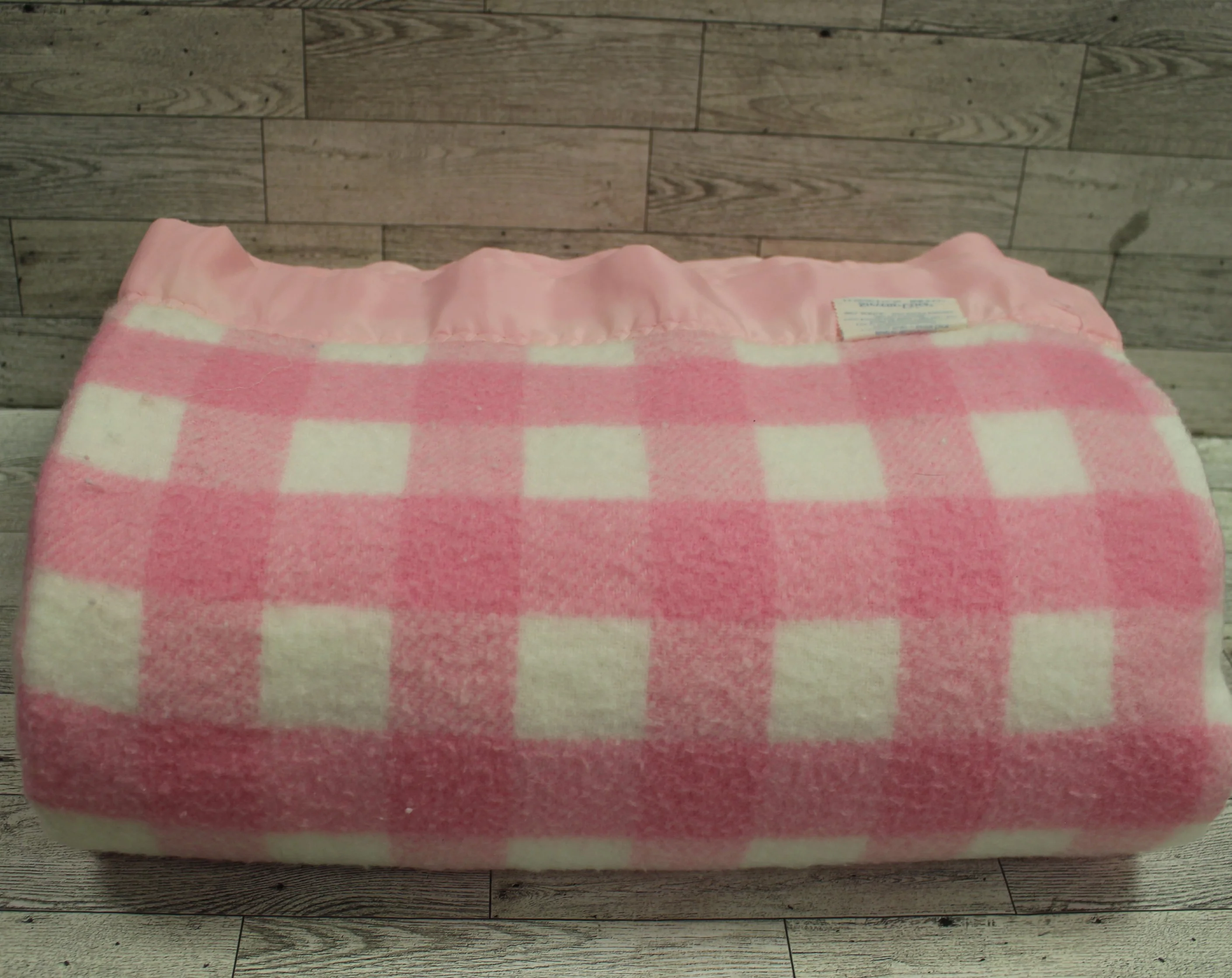 Vintage Stevens-Utica Pink Checked Blanket - 84" x 68" - Used