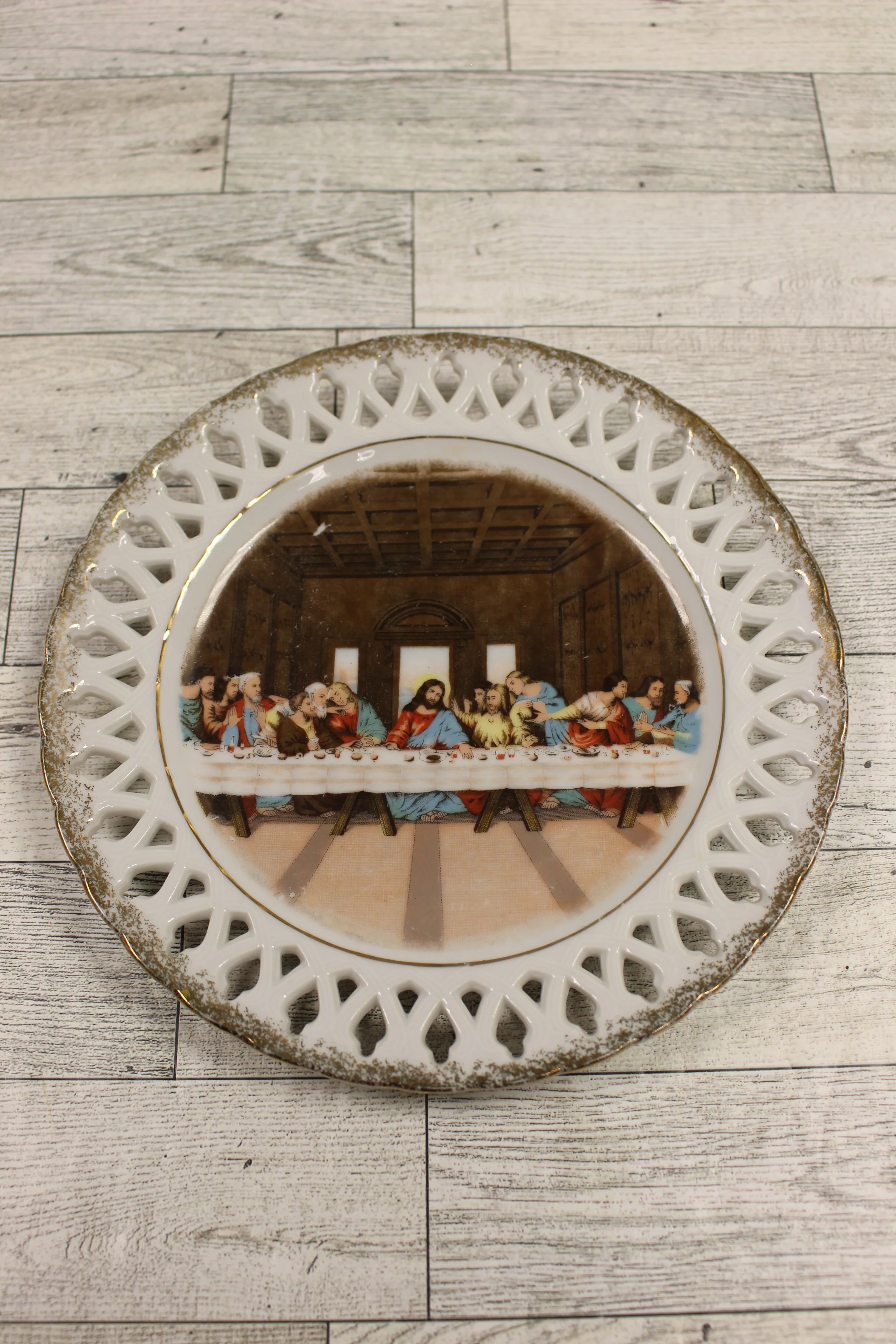 Vintage UCAGCO Open Lace Plate - Last Supper with Gold Trim - 8" - Used