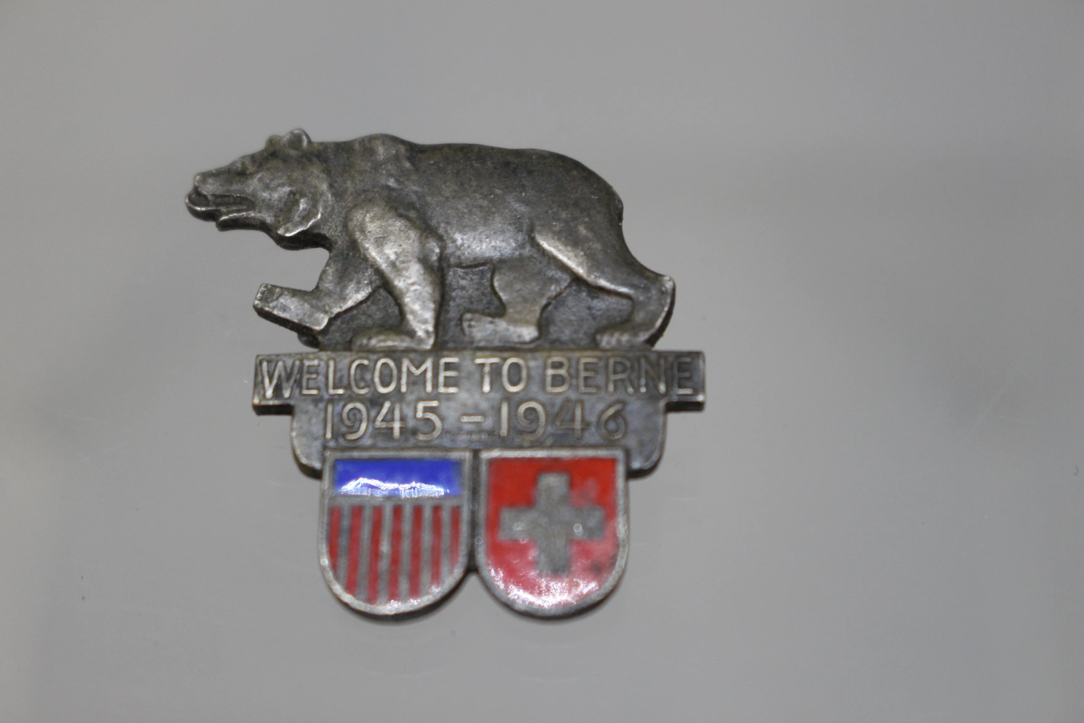 Vintage “Welcome To Berne” Pin - 1945-1946 -Silver Tone - USA Switzerland - Used