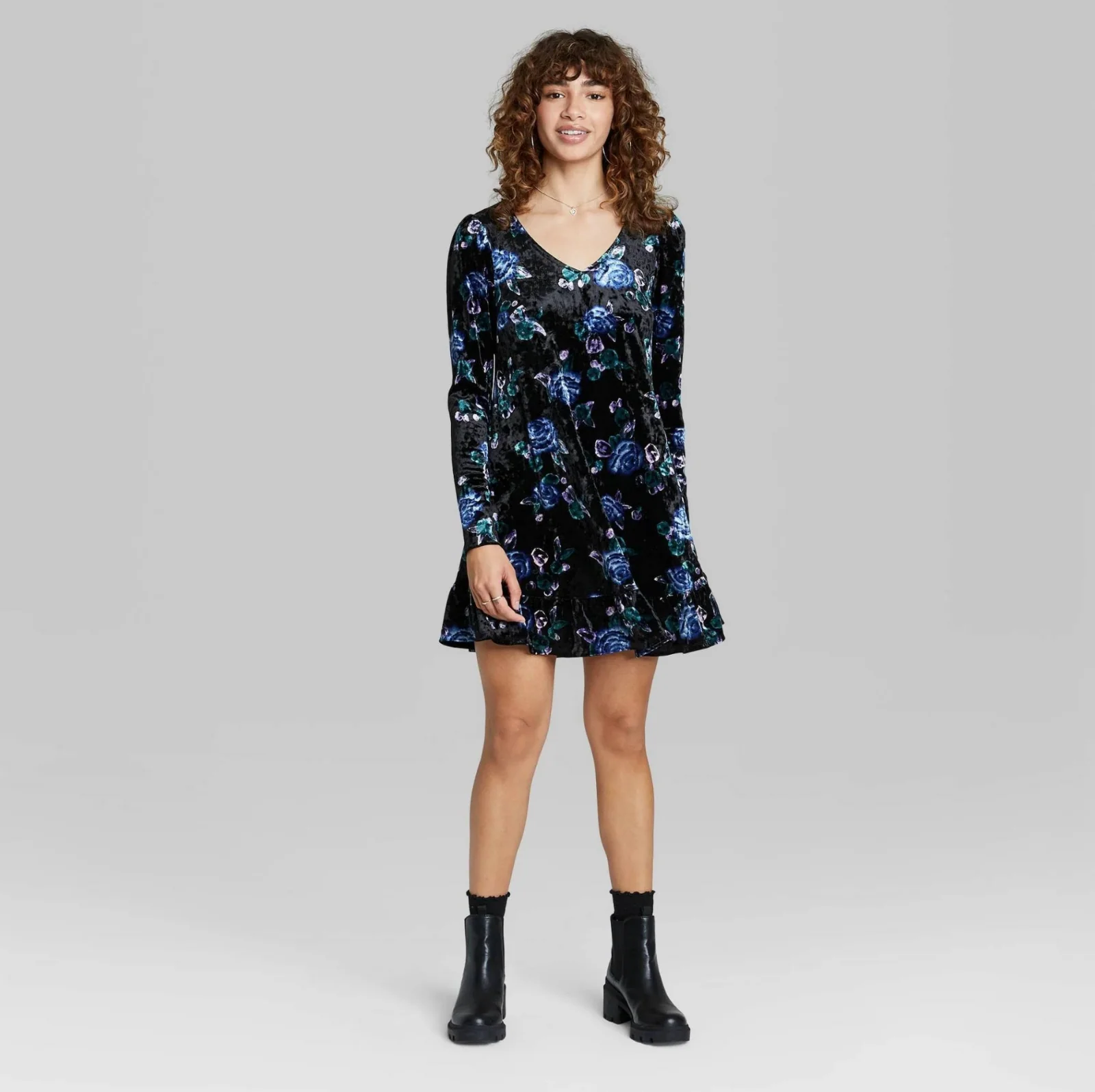Wild Fable Women's Floral Print Long Sleeve Velvet Drop Hem Dress - Small - New